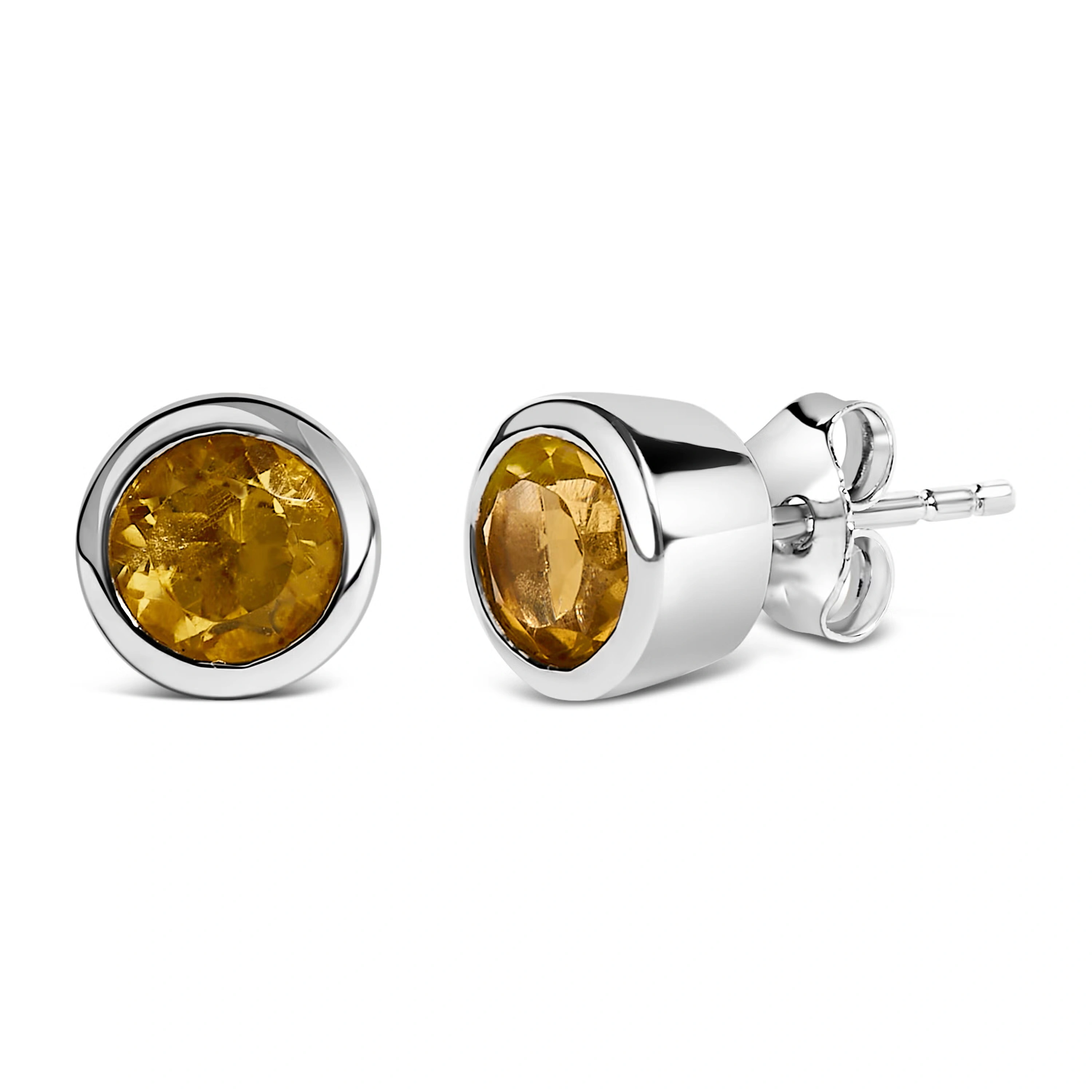 .925 Sterling Silver 6MM Bezel Set Created Yellow Citrine Solitaire Stud Earrings