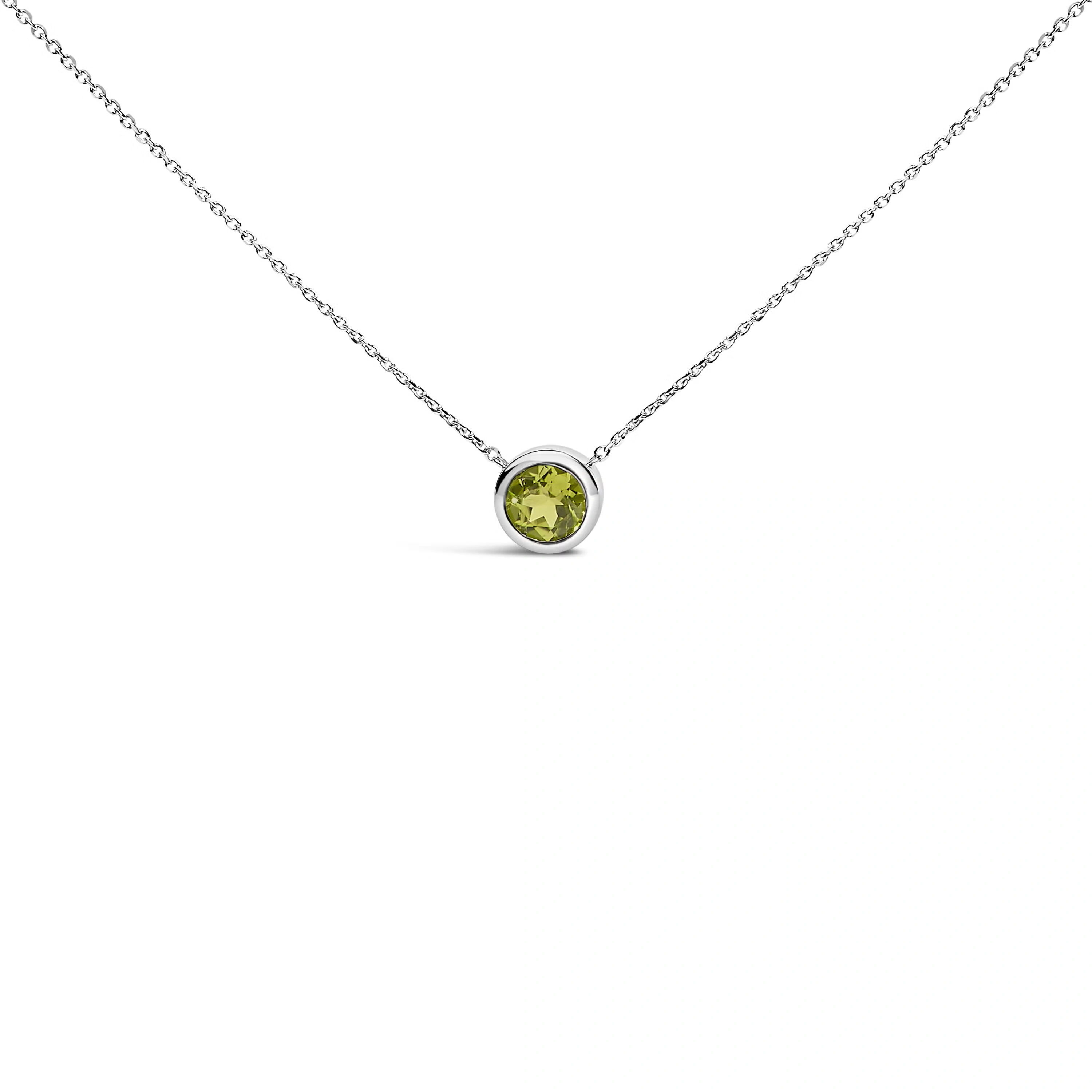 .925 Sterling Silver 7MM Bezel Set Created Green Peridot Pendant Necklace - 18" Inches