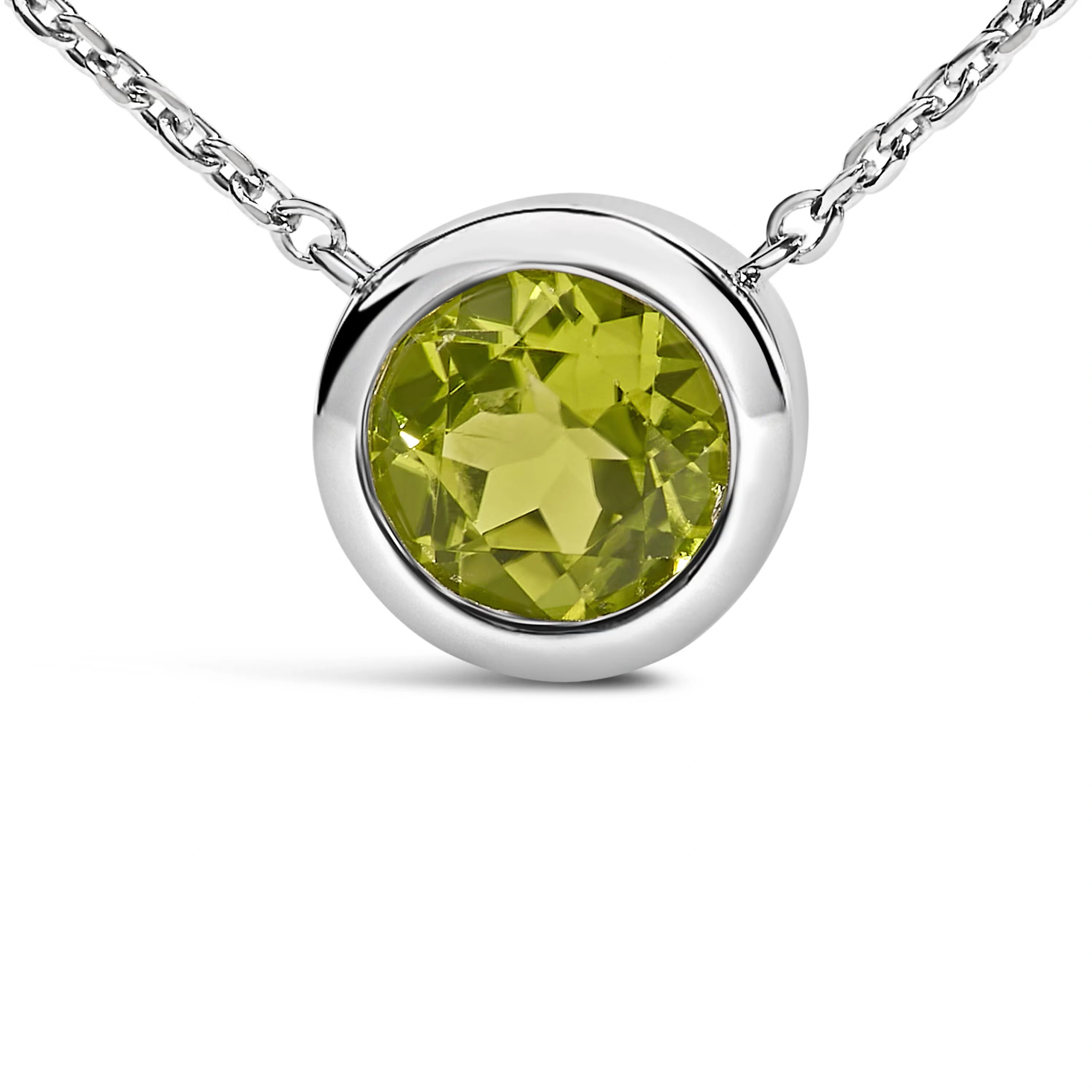 .925 Sterling Silver 7MM Bezel Set Created Green Peridot Pendant Necklace - 18" Inches