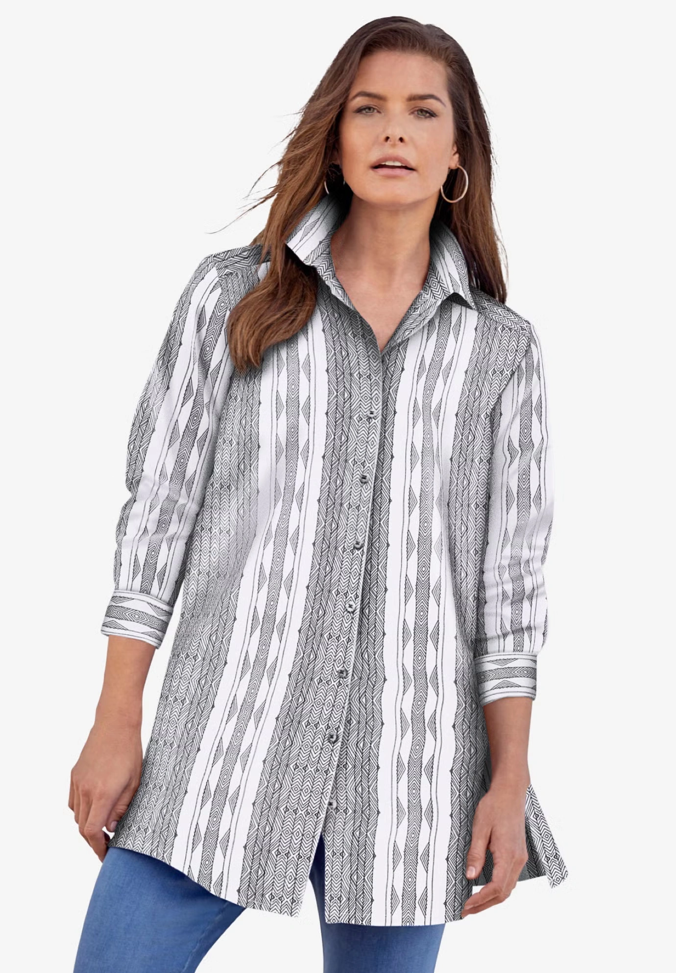 Plus Size Kate Long Sleeve Tunic Easy Cotton-Blend Button-Front Shirt