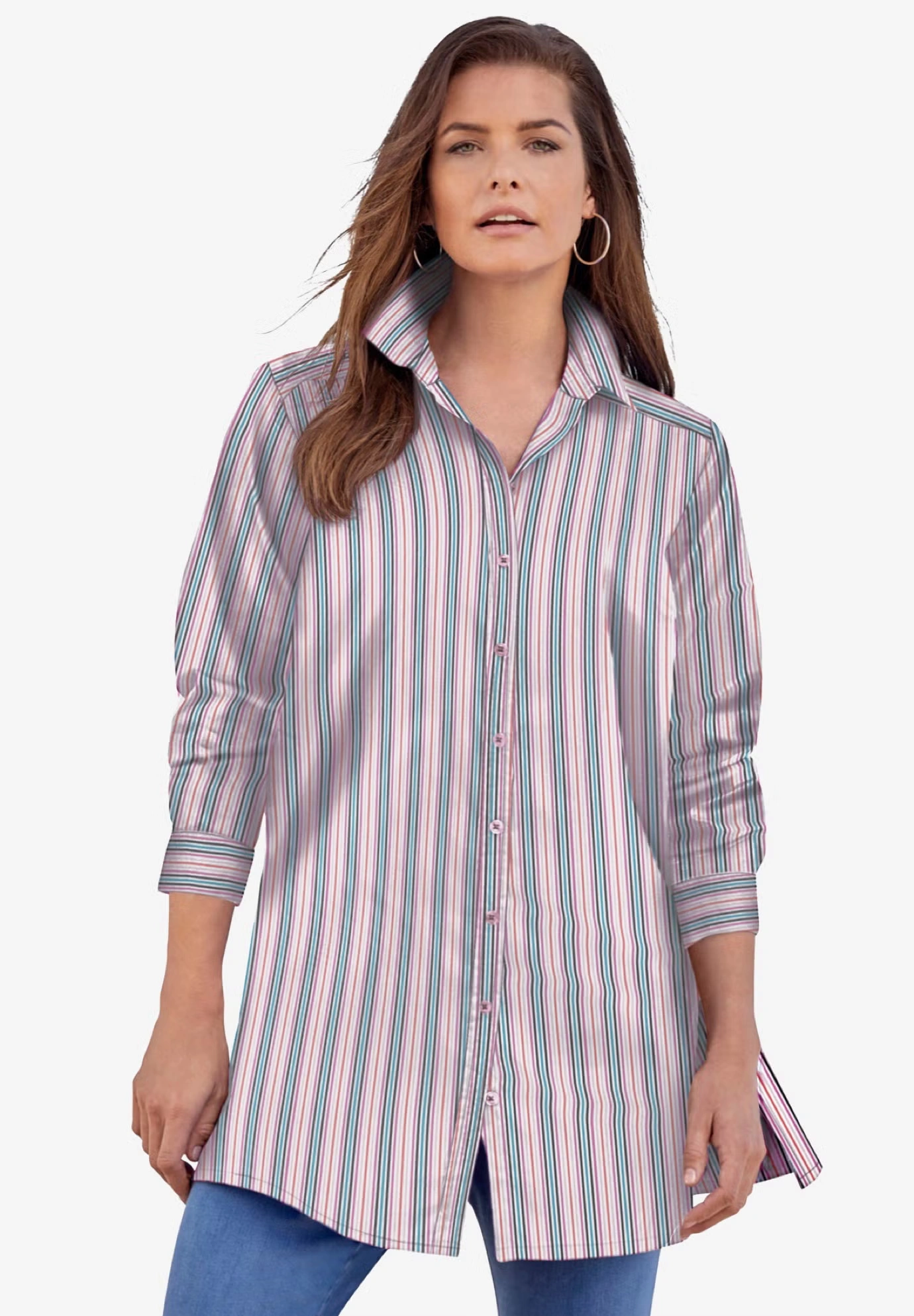 Plus Size Kate Long Sleeve Tunic Easy Cotton-Blend Button-Front Shirt 5 Plus Size Kate Long Sleeve Tunic Easy Cotton-Blend Button-Front Shirt