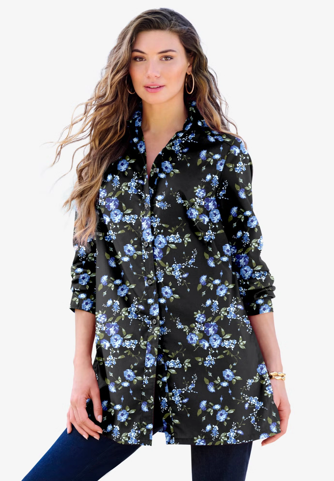 Plus Size Kate Long Sleeve Tunic Easy Cotton-Blend Button-Front Shirt 6 Plus Size Kate Long Sleeve Tunic Easy Cotton-Blend Button-Front Shirt