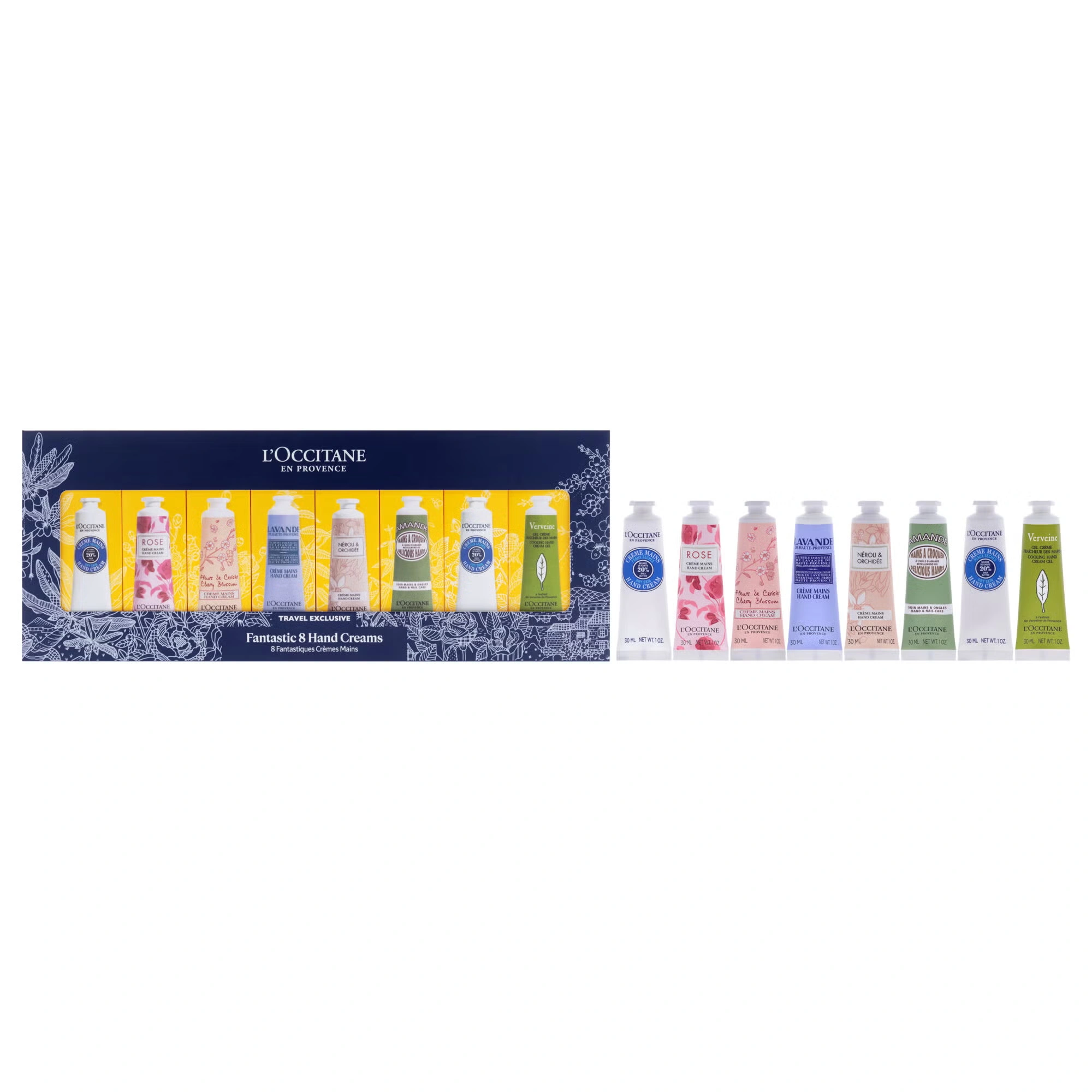 "Fantastic 8 Hand Creams Kit by LOccitane for Unisex - 8 x 1 oz Shea Dry Skin, Rose, Cherry Blossom, Lavender, Pivoine Flora, Almond, Hand Cream"