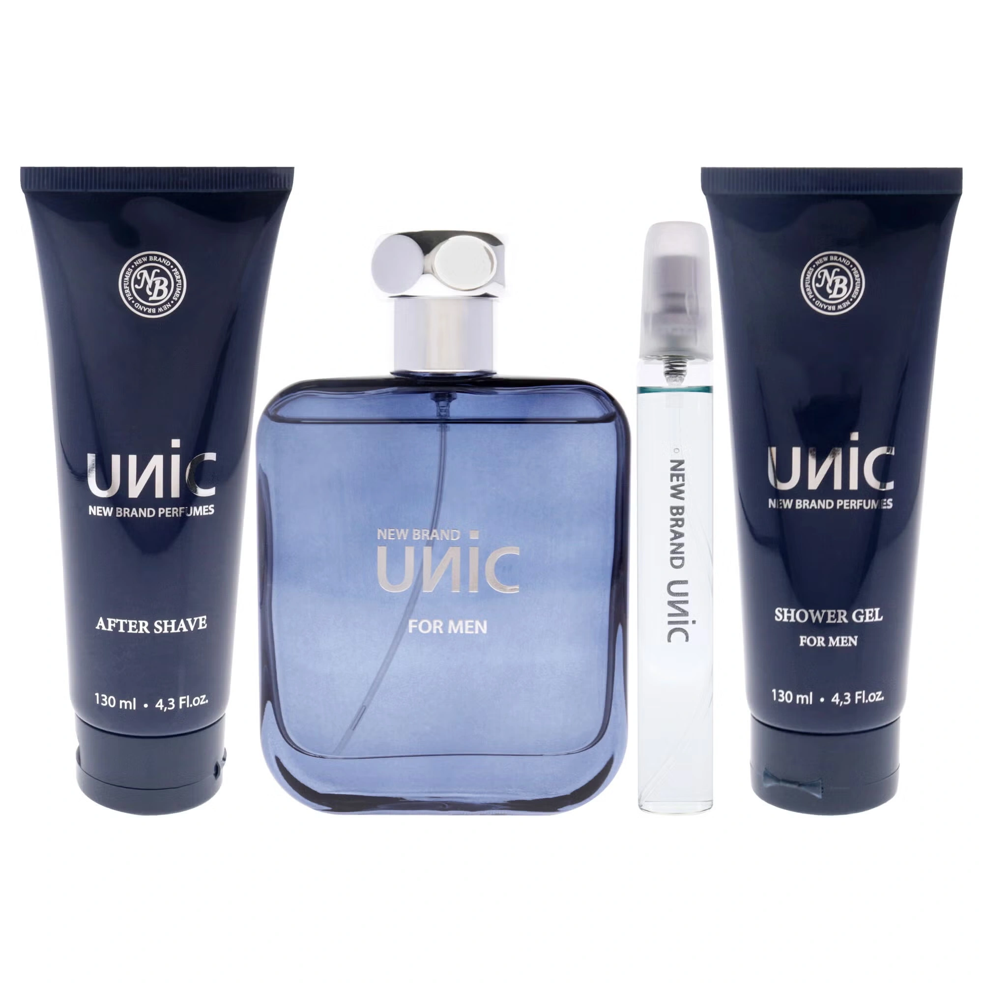 Unic by New Brand for Men - 4 Pc Gift Set 3.3oz EDT Spray, 0.5oz EDT Spray, 4.3oz Shower Gel, 4.3oz After Shave