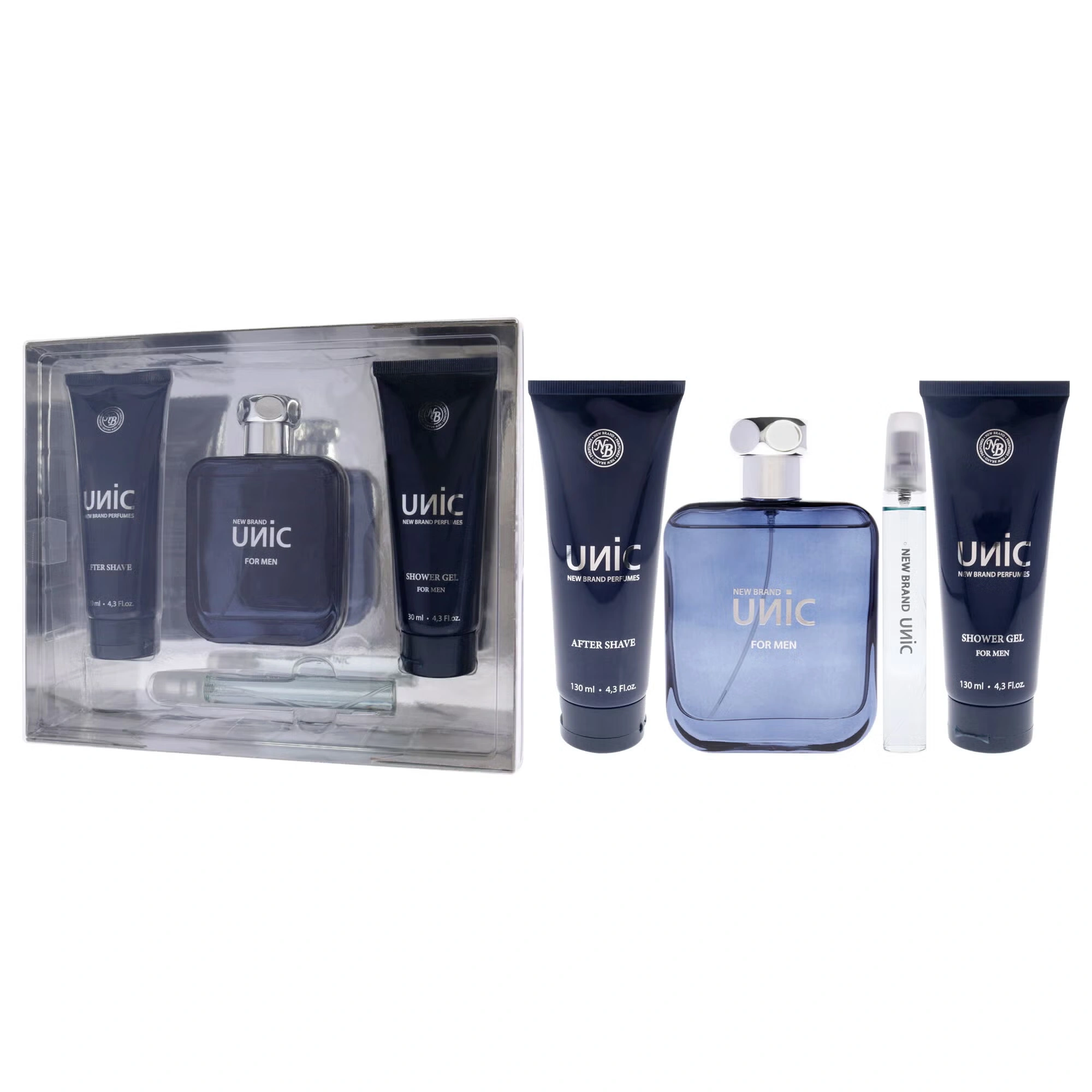 Unic by New Brand for Men - 4 Pc Gift Set 3.3oz EDT Spray, 0.5oz EDT Spray, 4.3oz Shower Gel, 4.3oz After Shave
