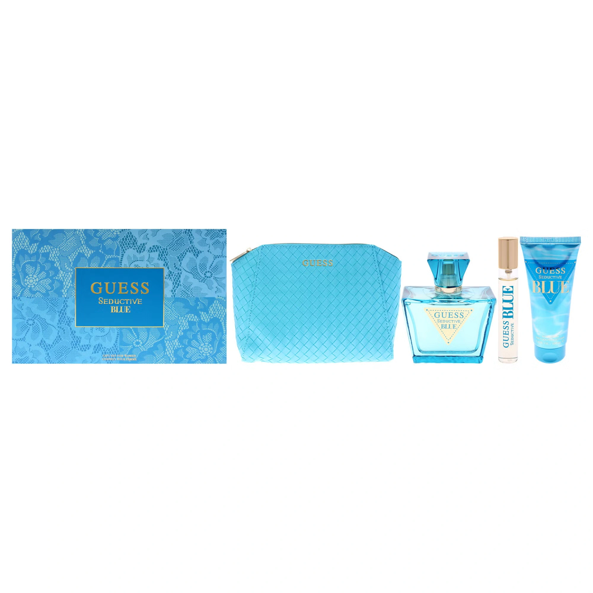 Guess Seductive Blue by Guess for Women - 4 Pc Gift Set 2.5oz EDT Spray, 3.4oz Body Lotion, 0.5oz EDT Spray, Pouch
