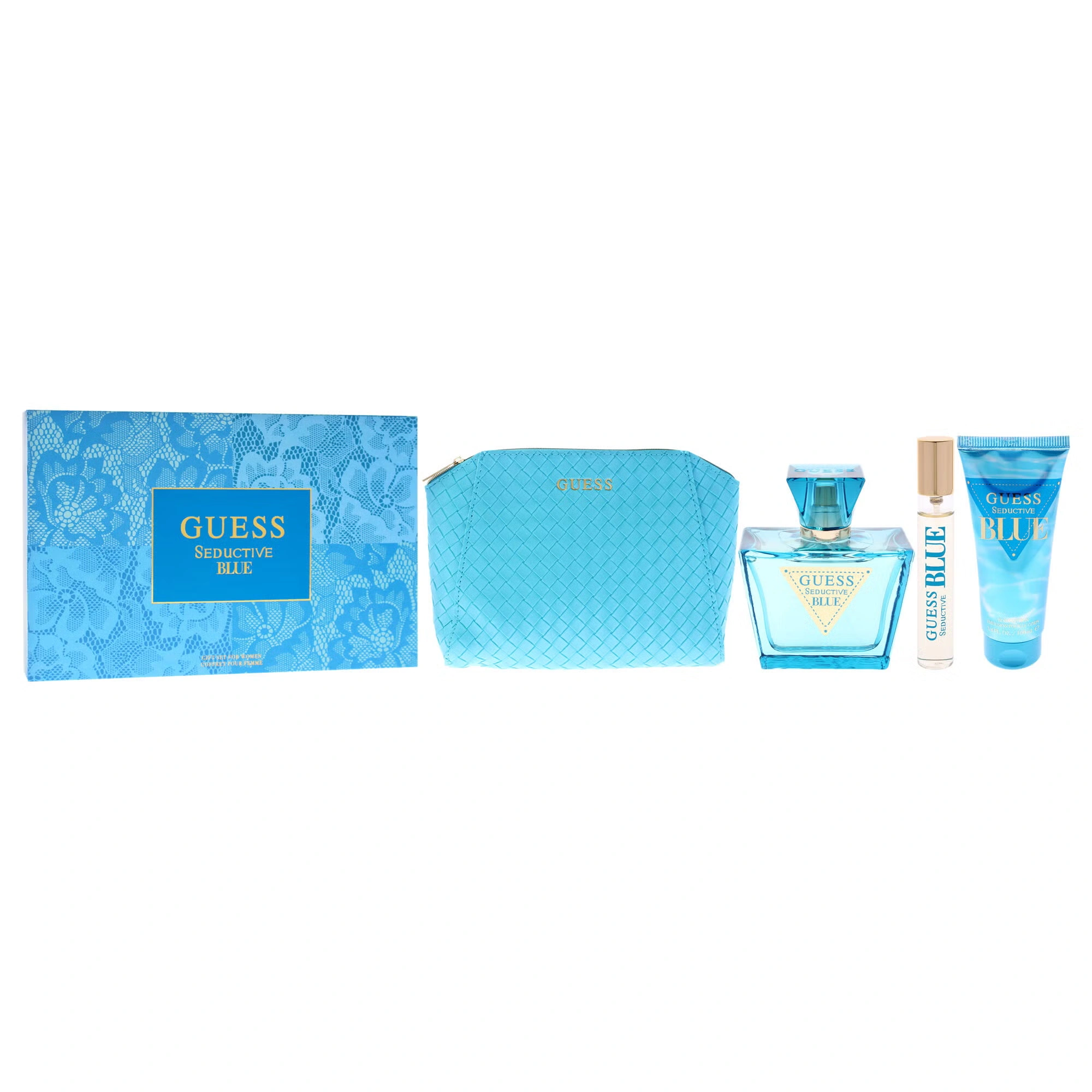 Guess Seductive Blue by Guess for Women - 4 Pc Gift Set 2.5oz EDT Spray, 3.4oz Body Lotion, 0.5oz EDT Spray, Pouch