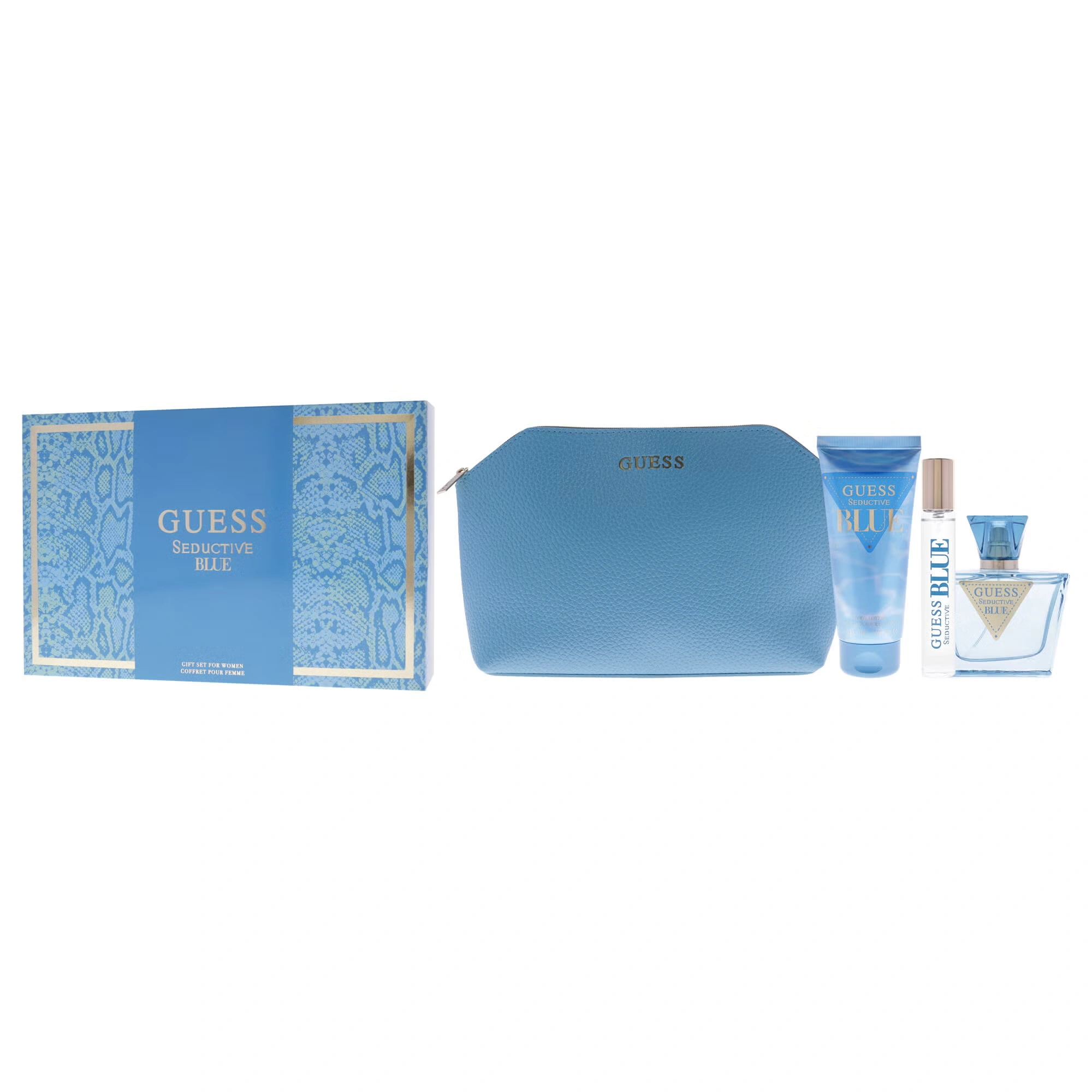 Guess Seductive Blue by Guess for Women - 4 Pc Gift Set 2.5oz EDT Spray, 3.4oz Body Lotion, 0.5oz EDT Spray, Pouch