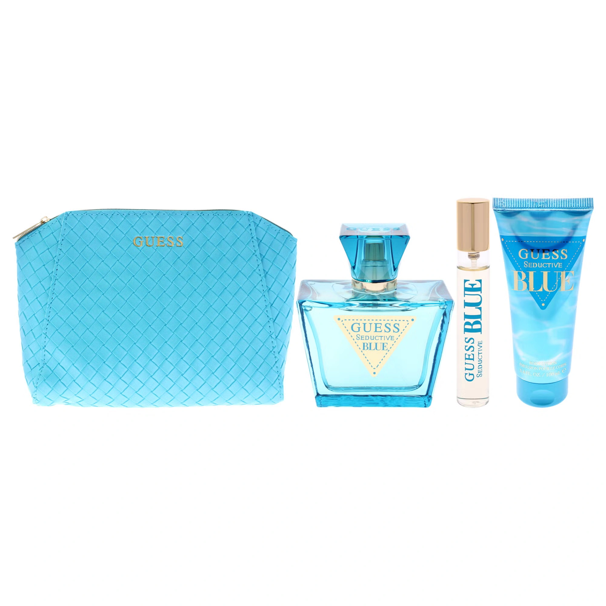 Guess Seductive Blue by Guess for Women - 4 Pc Gift Set 2.5oz EDT Spray, 3.4oz Body Lotion, 0.5oz EDT Spray, Pouch