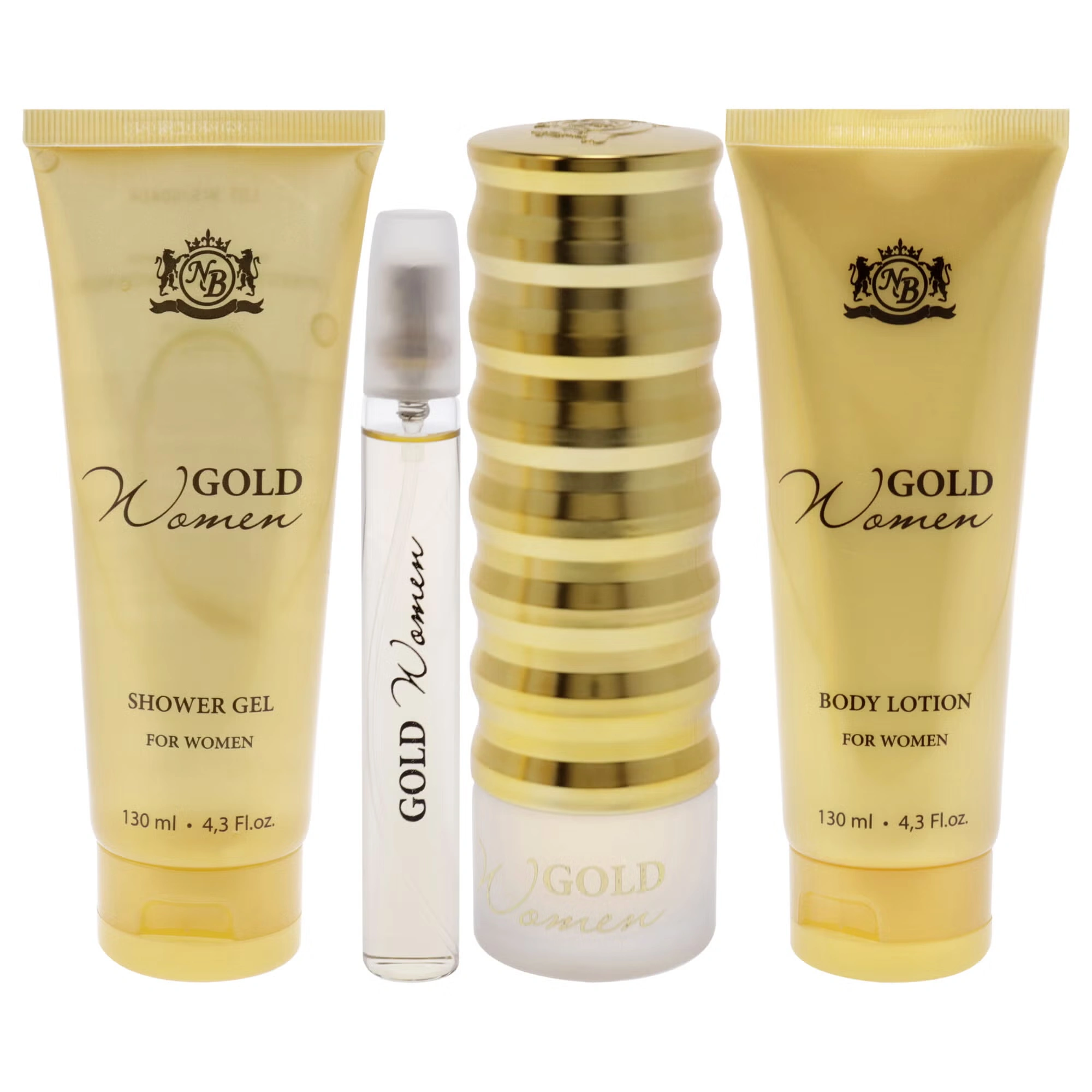 Gold by New Brand for Women - 4 Pc Gift Set 3.3oz EDP Spray, 0.5oz EDP Spray, 4.3oz Shower Gel, 4.3oz Body Lotion