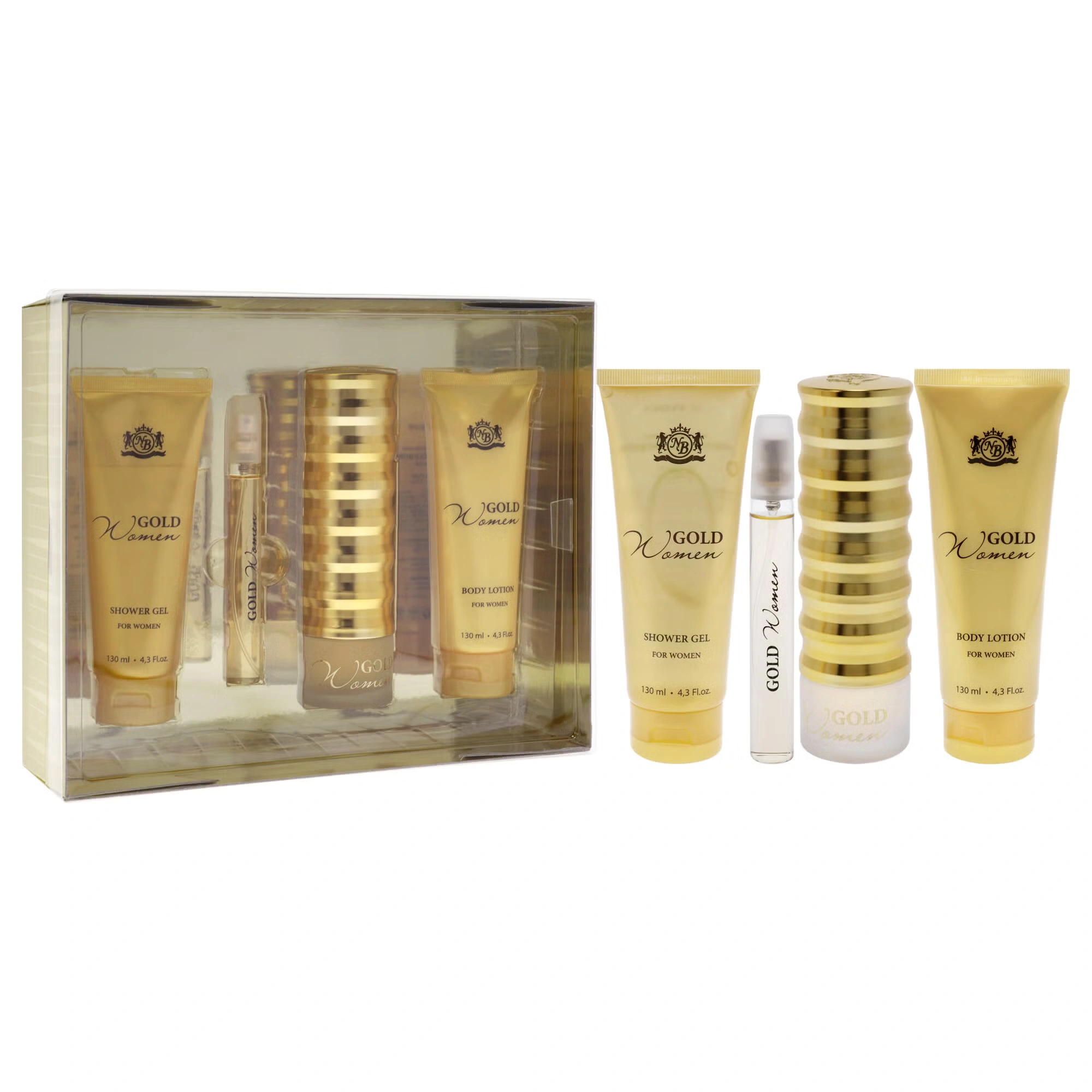 Gold by New Brand for Women - 4 Pc Gift Set 3.3oz EDP Spray, 0.5oz EDP Spray, 4.3oz Shower Gel, 4.3oz Body Lotion