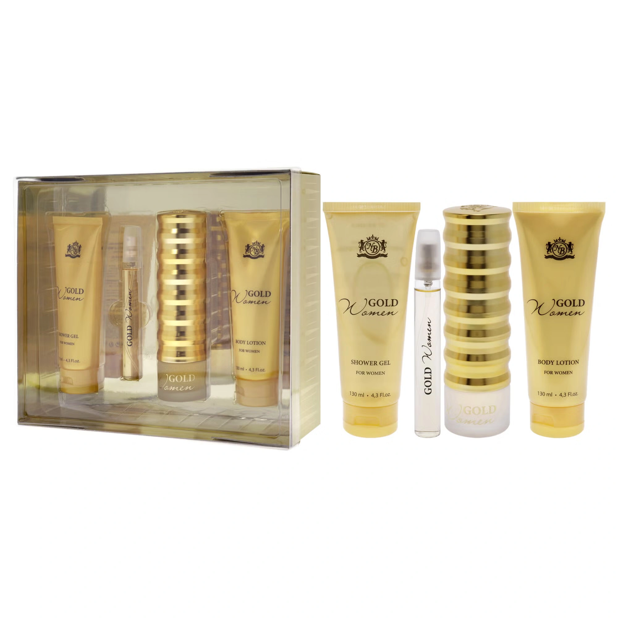 Gold by New Brand for Women - 4 Pc Gift Set 3.3oz EDP Spray, 0.5oz EDP Spray, 4.3oz Shower Gel, 4.3oz Body Lotion