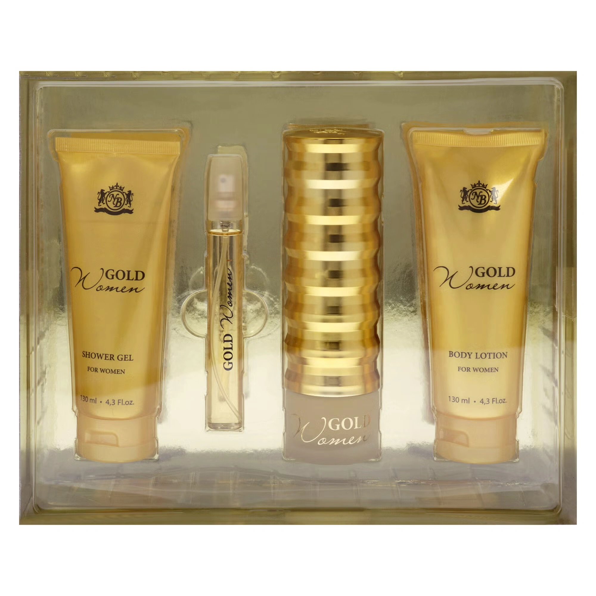 Gold by New Brand for Women - 4 Pc Gift Set 3.3oz EDP Spray, 0.5oz EDP Spray, 4.3oz Shower Gel, 4.3oz Body Lotion