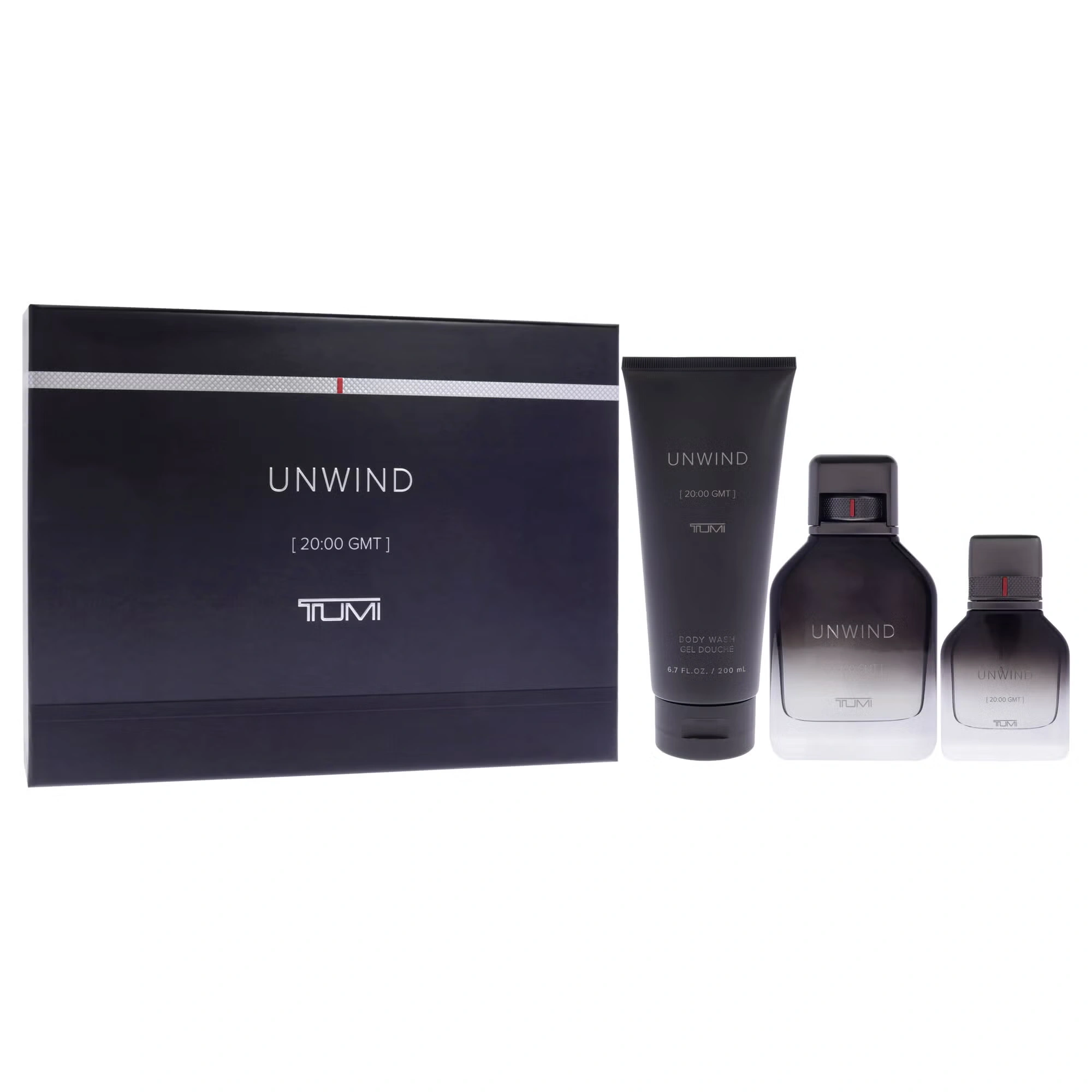 Unwind by Tumi for Men - 3 Pc Gift Set 3.4oz EDP Spray, 1oz EDP Spray, 6.7oz Body Wash