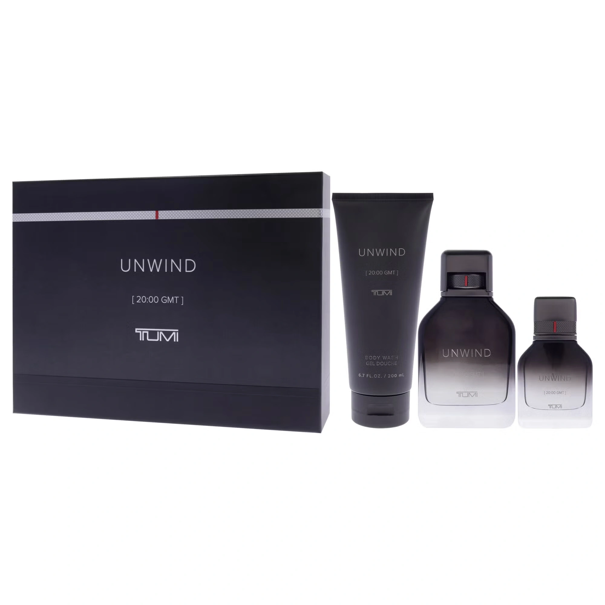 Unwind by Tumi for Men - 3 Pc Gift Set 3.4oz EDP Spray, 1oz EDP Spray, 6.7oz Body Wash