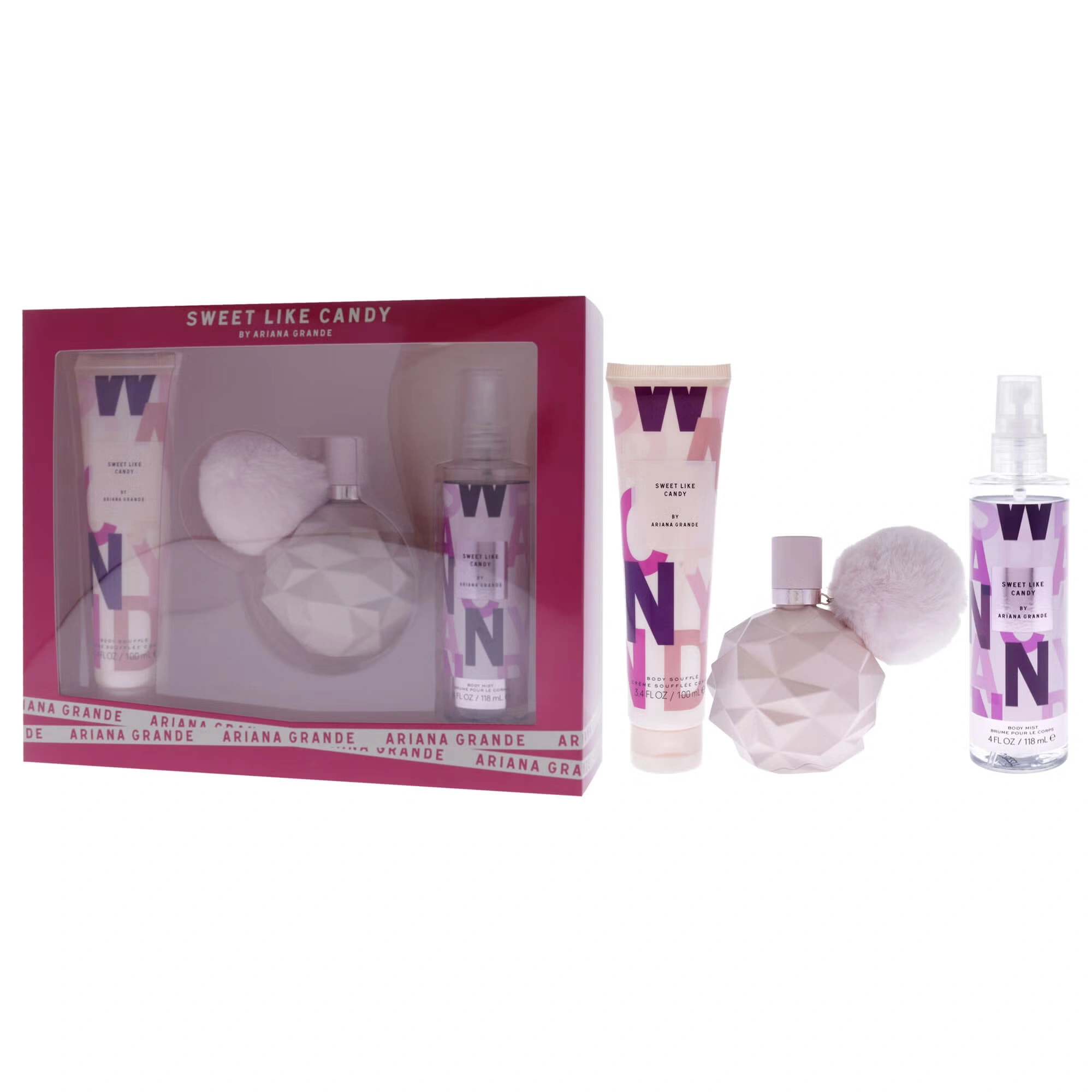 Sweet Like Candy by Ariana Grande for Women - 3 Pc Gift Set 3.4oz EDP Spray, 3.4oz Body Souffle, 4oz Body Mist 3 Sweet Like Candy by Ariana Grande for Women - 3 Pc Gift Set 3.4oz EDP Spray, 3.4oz Body Souffle, 4oz Body Mist