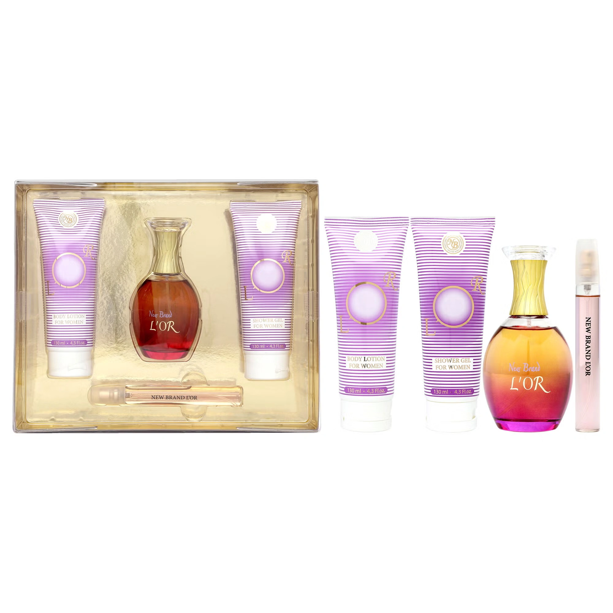 Lor by New Brand for Women - 4 Pc Gift Set 3.3oz EDP Spray, 0.5oz EDP Spray, 4.3oz Shower Gel, 4.3oz Body Lotion