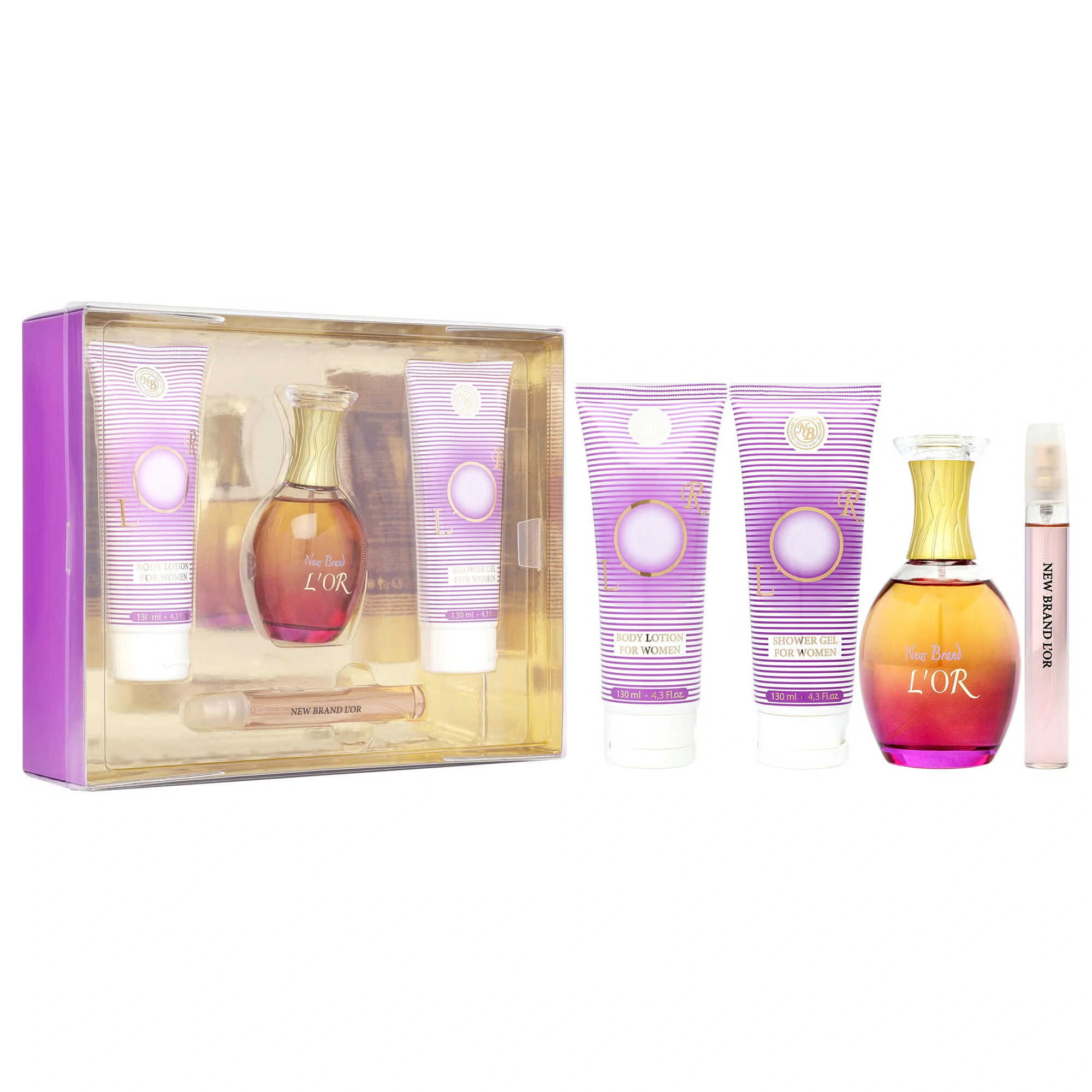 Lor by New Brand for Women - 4 Pc Gift Set 3.3oz EDP Spray, 0.5oz EDP Spray, 4.3oz Shower Gel, 4.3oz Body Lotion