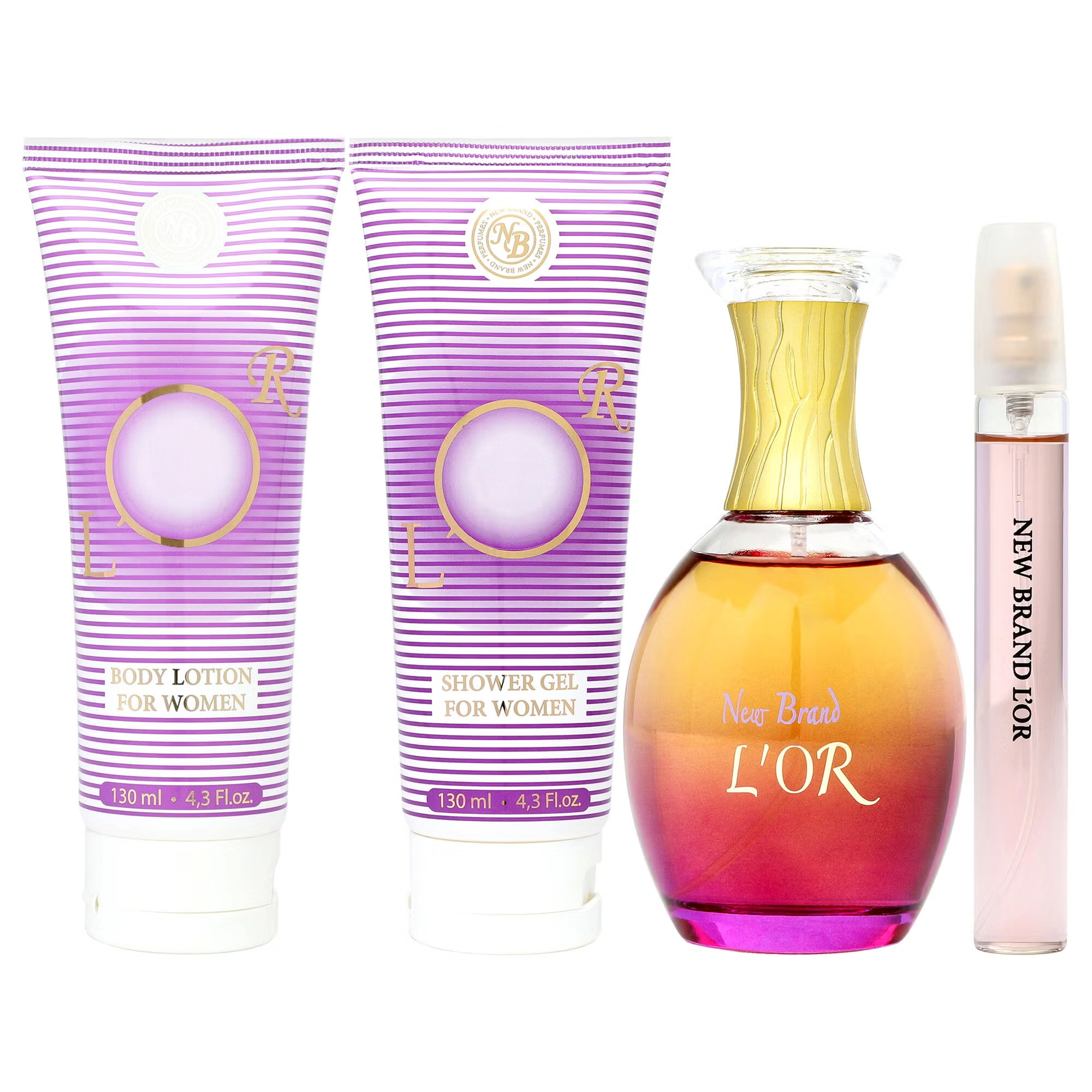 Lor by New Brand for Women - 4 Pc Gift Set 3.3oz EDP Spray, 0.5oz EDP Spray, 4.3oz Shower Gel, 4.3oz Body Lotion