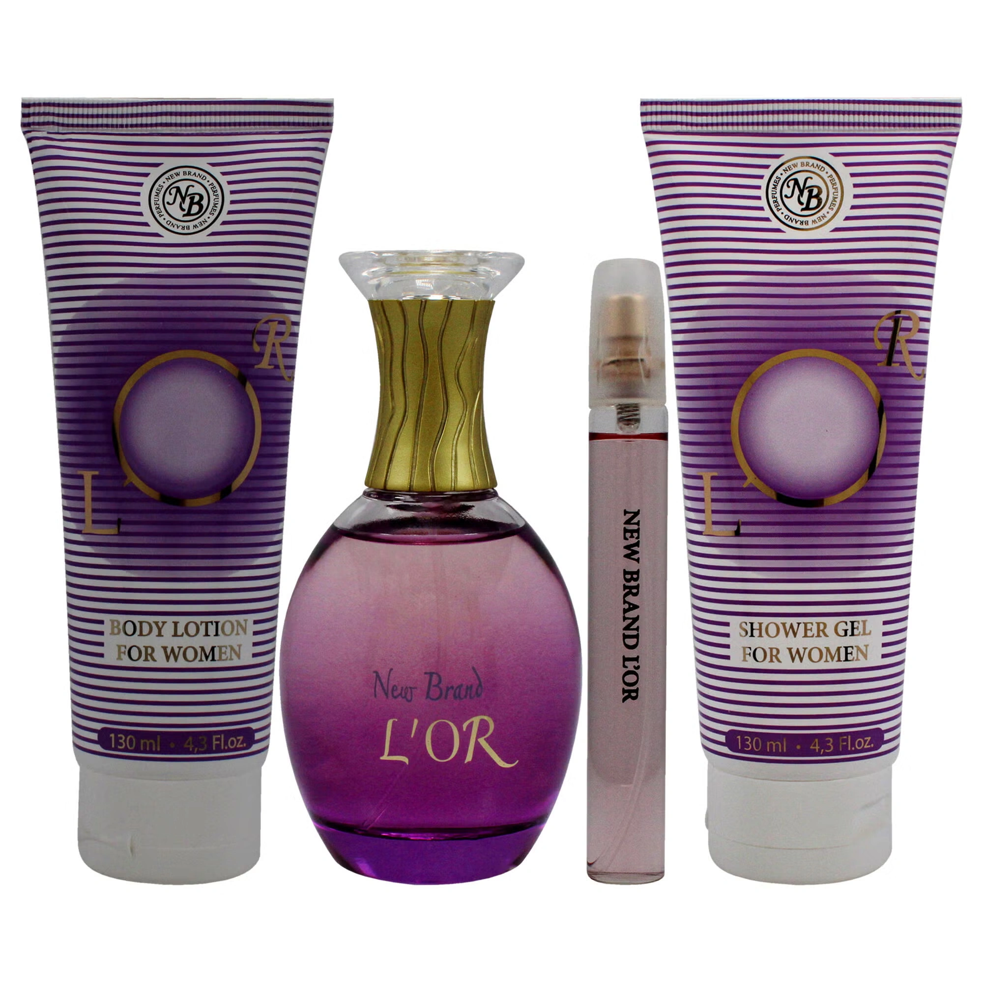 Lor by New Brand for Women - 4 Pc Gift Set 3.3oz EDP Spray, 0.5oz EDP Spray, 4.3oz Shower Gel, 4.3oz Body Lotion