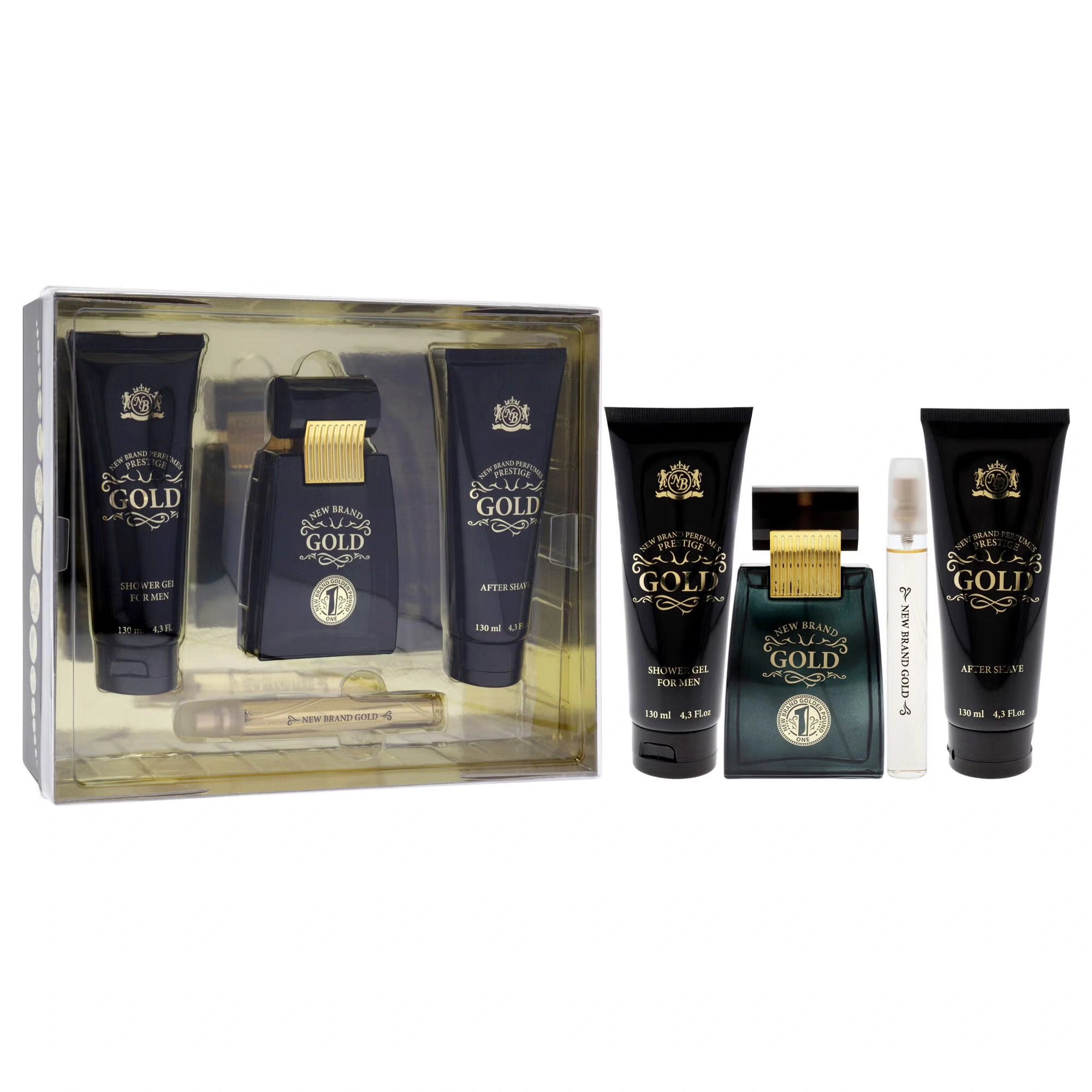 Gold by New Brand for Men - 3 Pc Gift Set 3.3oz EDT Spray, 0.5oz EDT Spray, 4.3oz Shower Gel, 4.3oz After Shave