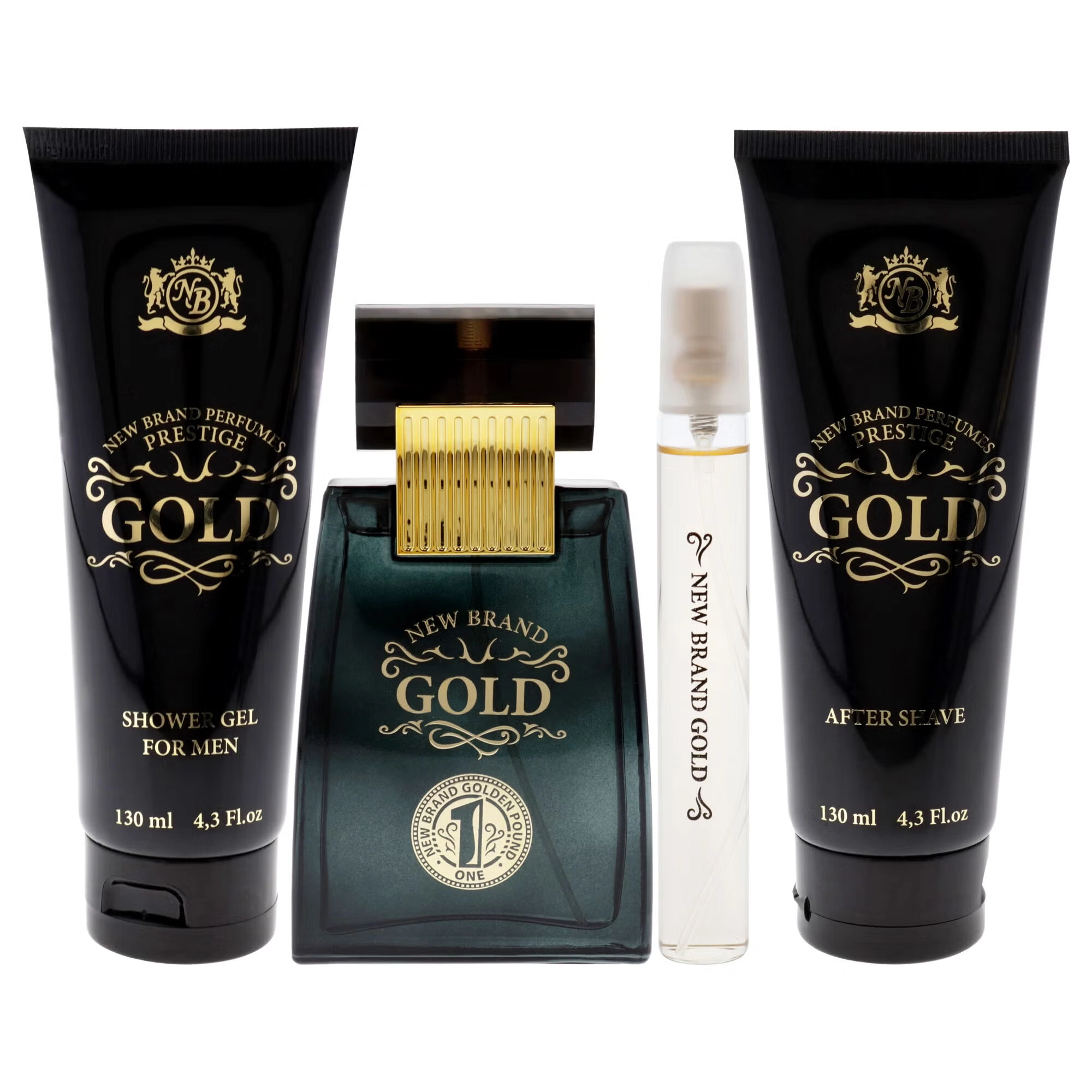 Gold by New Brand for Men - 3 Pc Gift Set 3.3oz EDT Spray, 0.5oz EDT Spray, 4.3oz Shower Gel, 4.3oz After Shave
