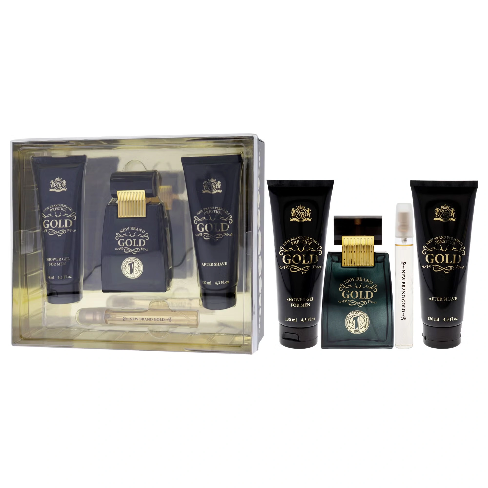 Gold by New Brand for Men - 3 Pc Gift Set 3.3oz EDT Spray, 0.5oz EDT Spray, 4.3oz Shower Gel, 4.3oz After Shave