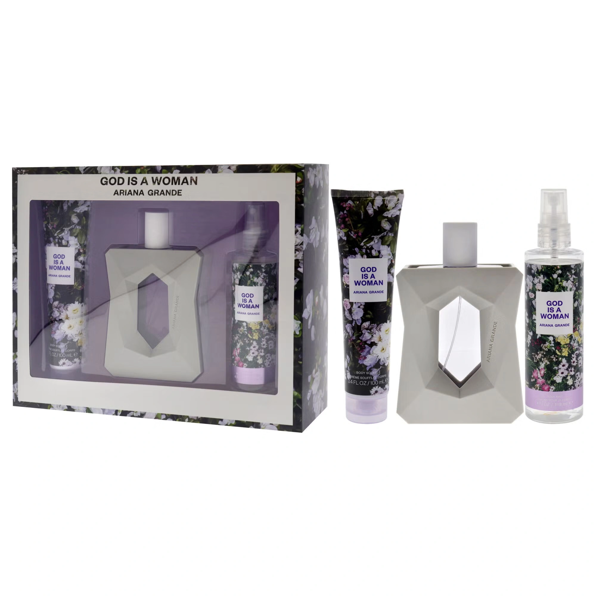 God Is A Woman by Ariana Grande for Women - 3 Pc Gift Set 3.4oz EDP Spray, 4oz Body Mist, 3.4oz Body Souffle