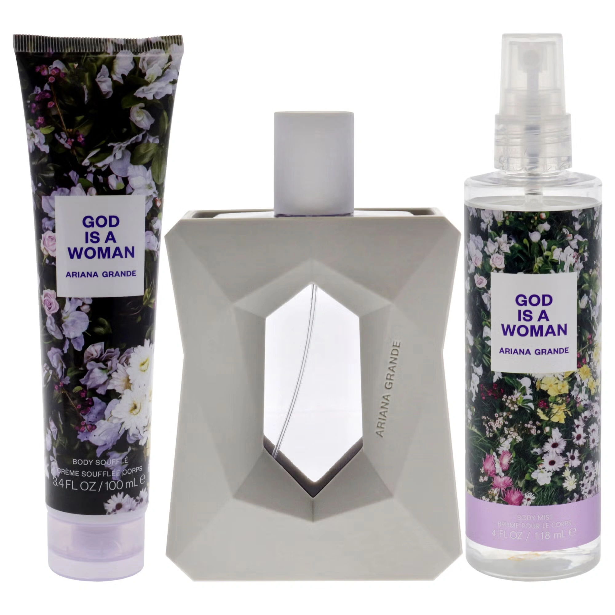 God Is A Woman by Ariana Grande for Women - 3 Pc Gift Set 3.4oz EDP Spray, 4oz Body Mist, 3.4oz Body Souffle