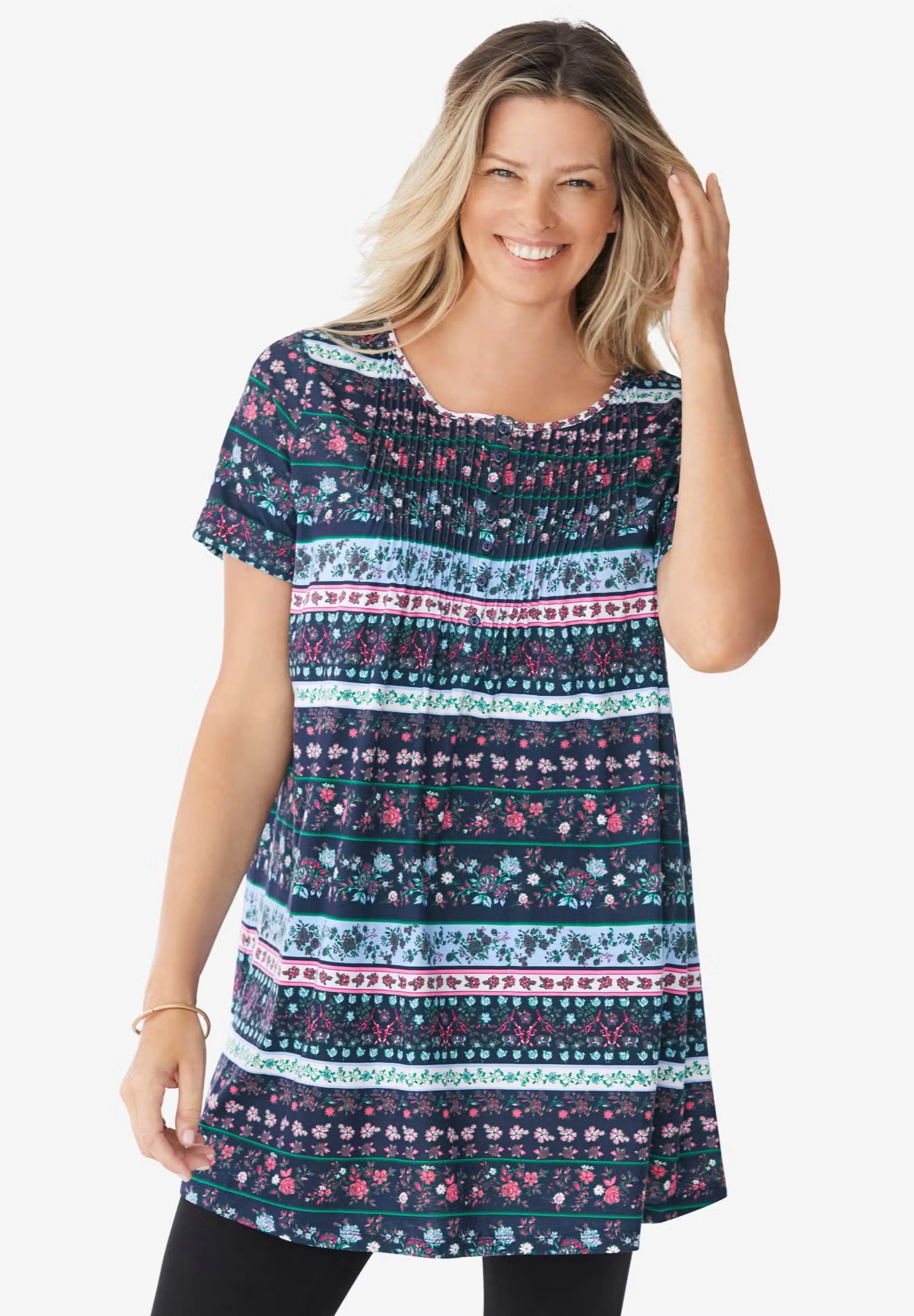 Short-Sleeve Pintucked Henley Tunic