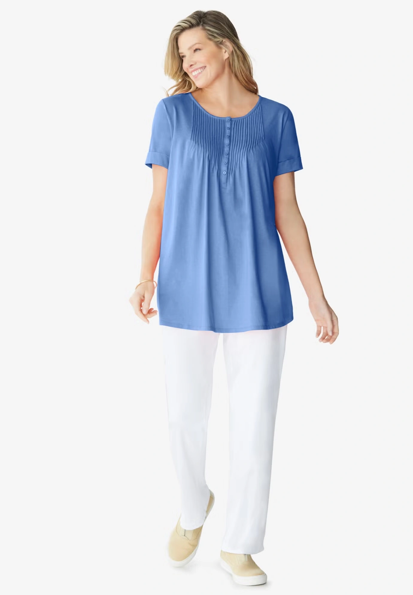 Short-Sleeve Pintucked Henley Tunic