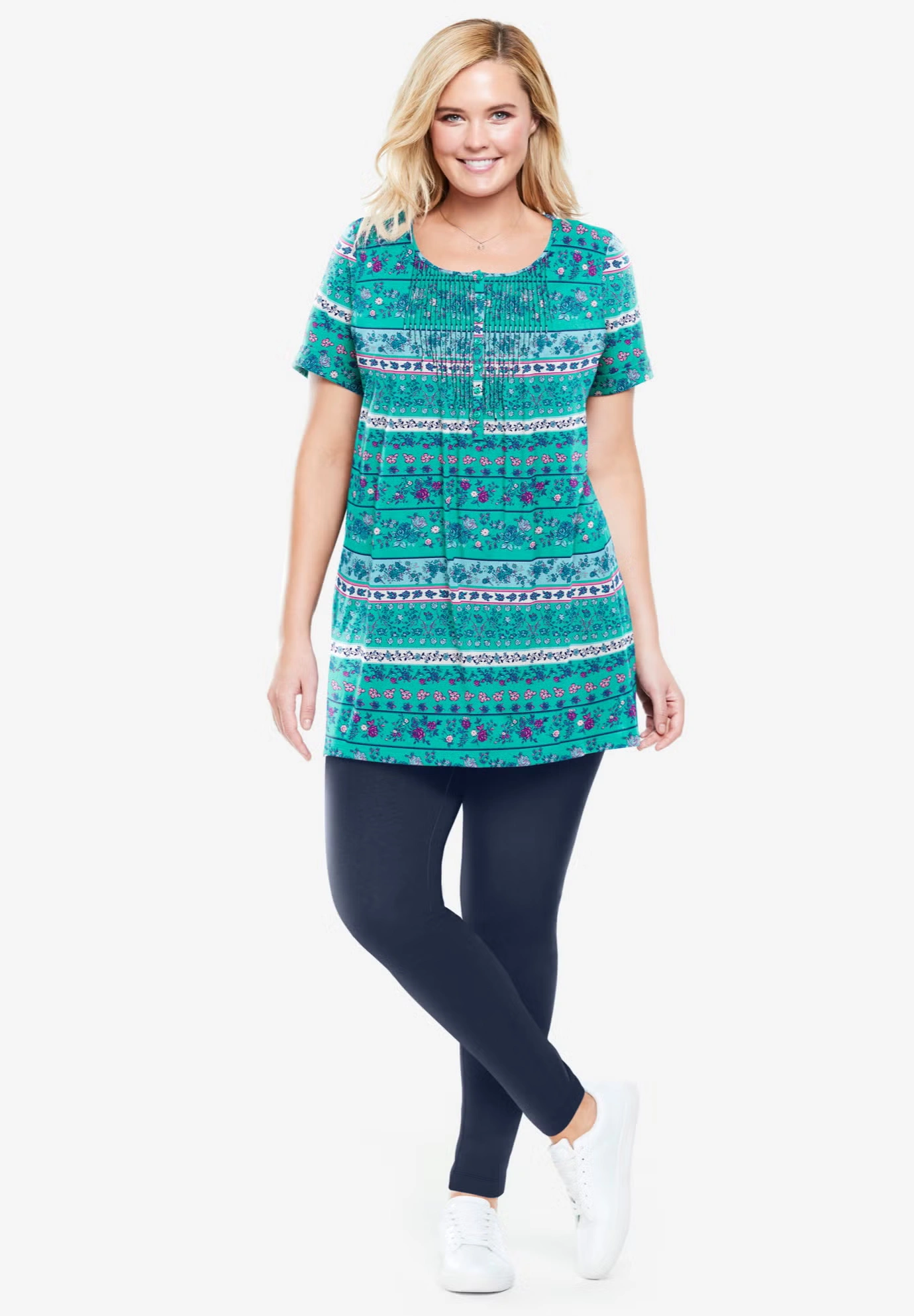 Short-Sleeve Pintucked Henley Tunic