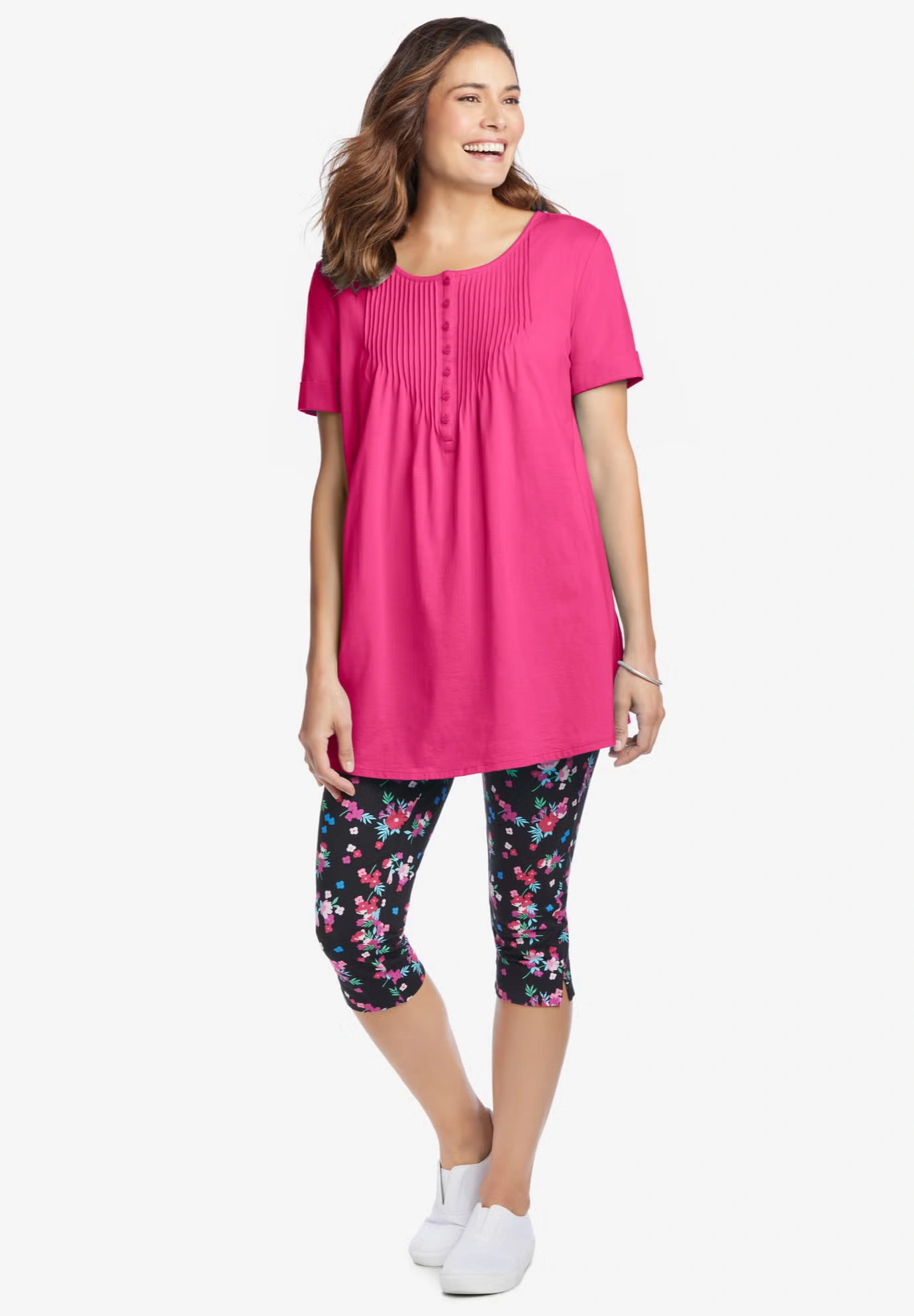 Short-Sleeve Pintucked Henley Tunic