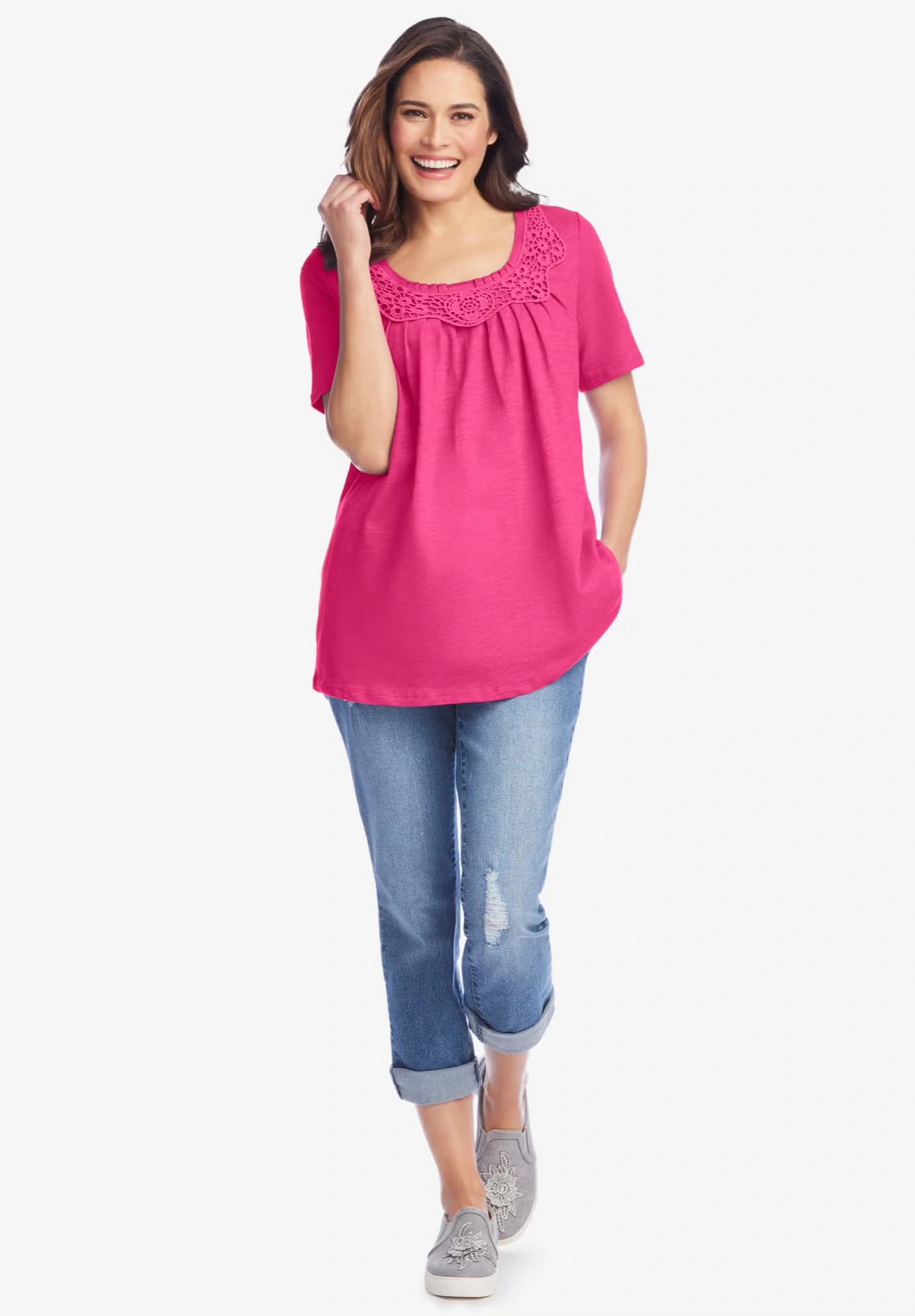 Crochet-Trim Knit Top