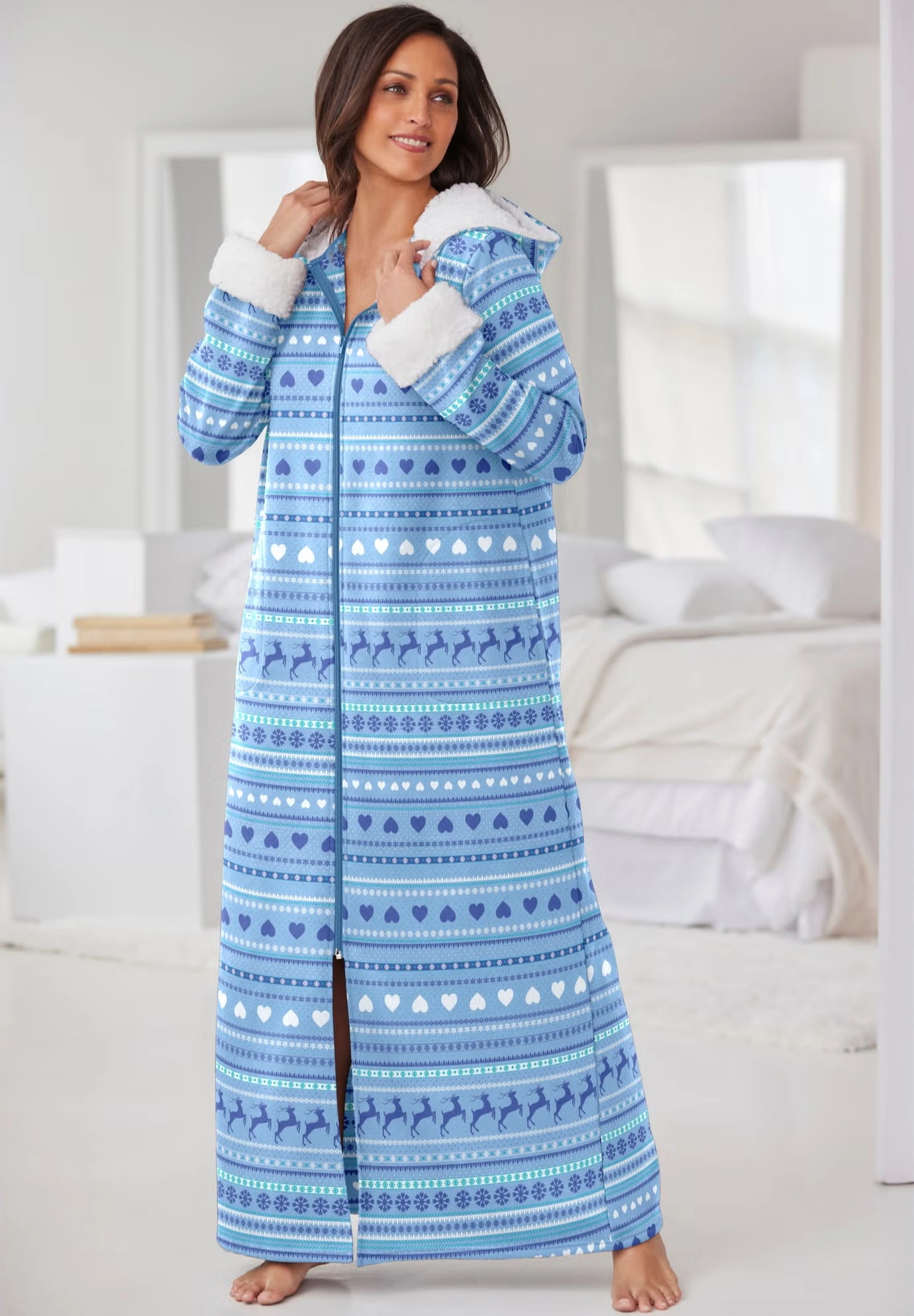 Sherpa-Lined Long Hooded Robe