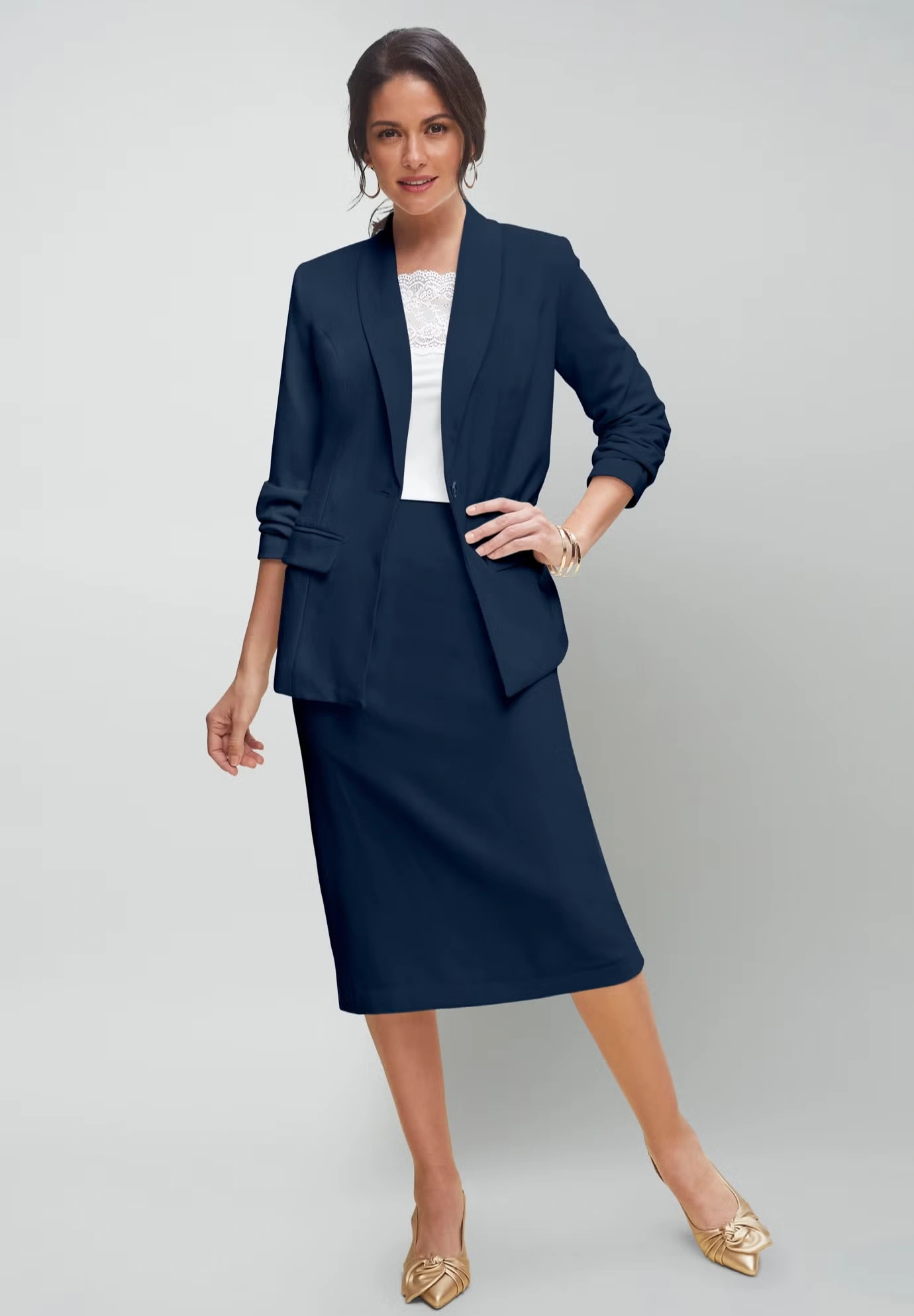 2-Piece Stretch Crepe Single-Breasted Skirt Suit