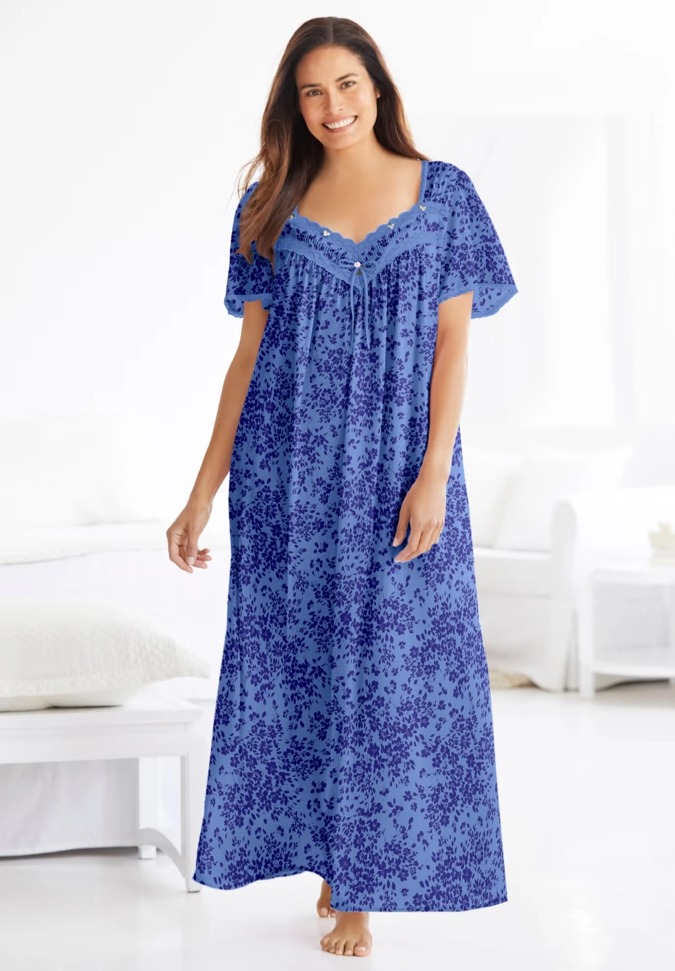 Long Silky Lace-Trim Gown 5 Long Silky Lace-Trim Gown