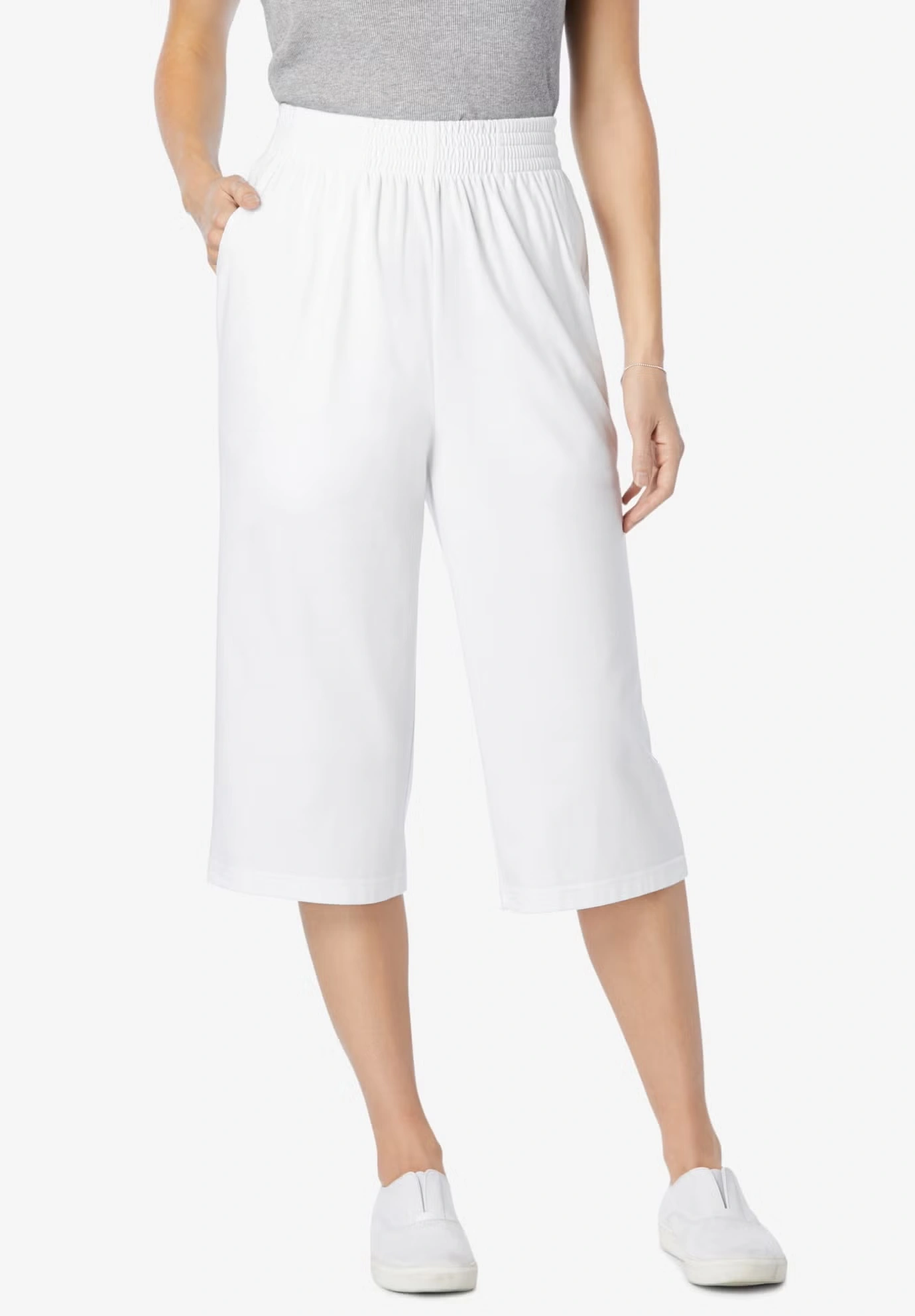 Elastic-Waist Pull-On Knit Pocket Capri Pants