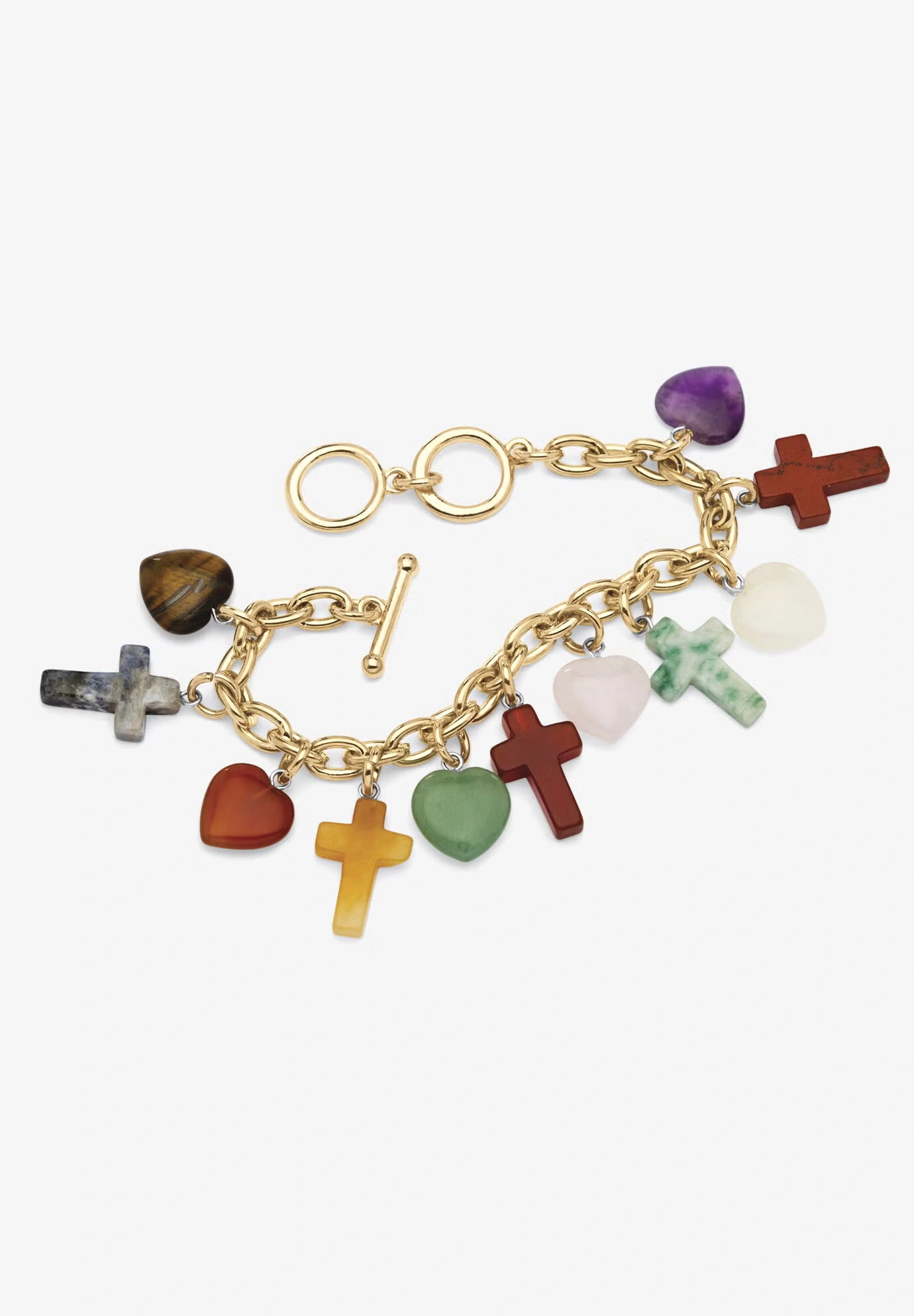 Genuine Agate Gold Tone Cross and Heart Charm Bracelet plus 1/2" Extender