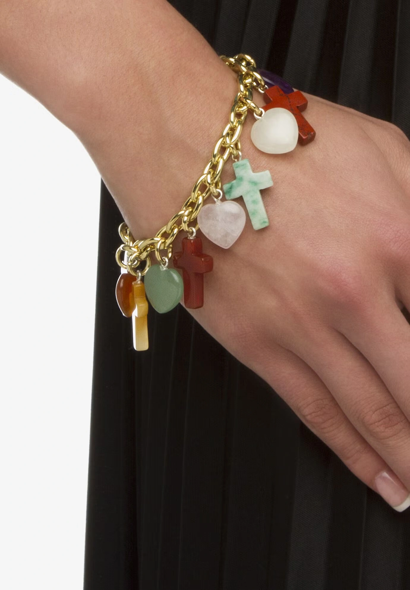 Genuine Agate Gold Tone Cross and Heart Charm Bracelet plus 1/2" Extender 3 Genuine Agate Gold Tone Cross and Heart Charm Bracelet plus 1/2" Extender