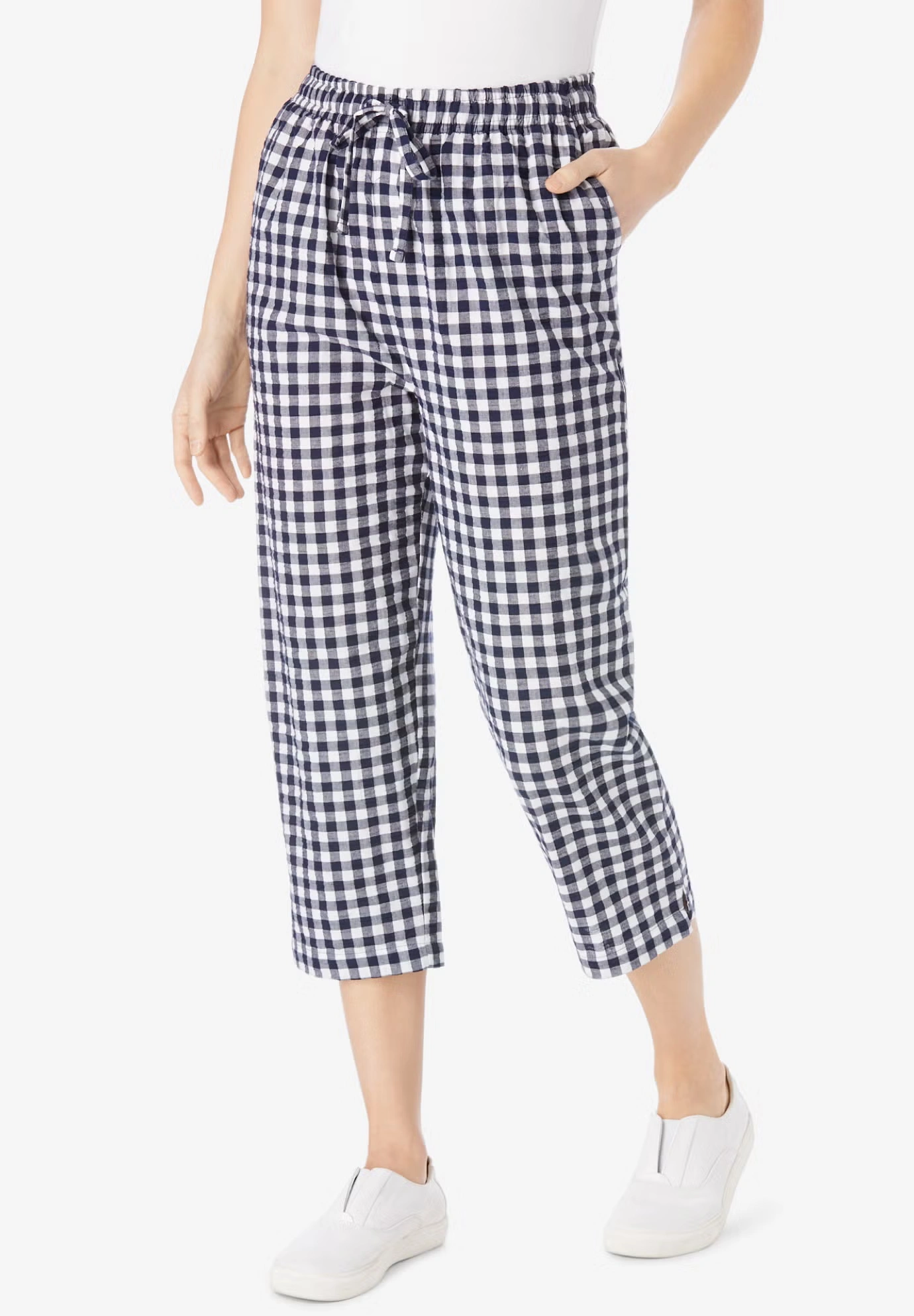 Seersucker Pull-On Elastic-Waist Capri Pants