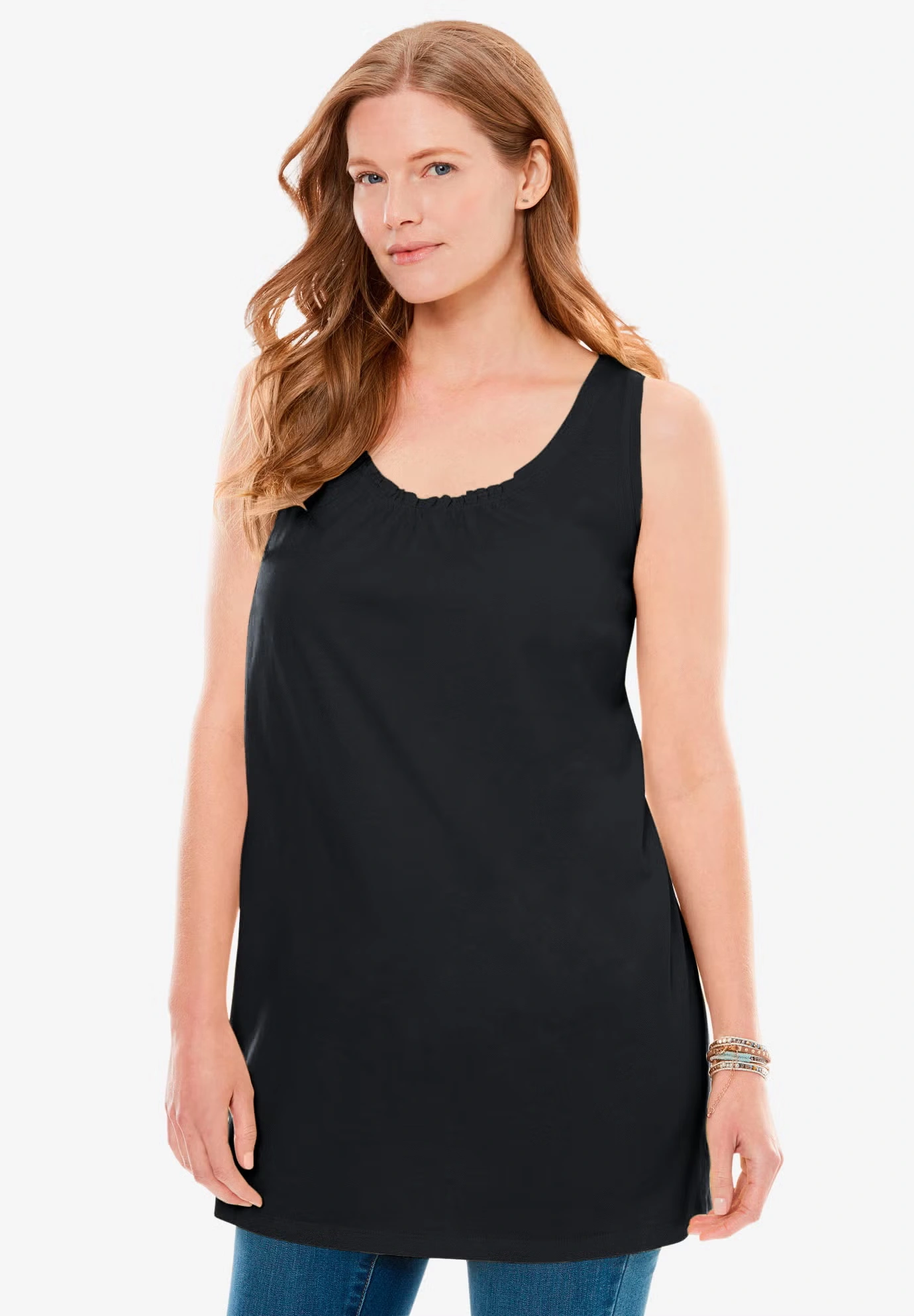 Perfect Sleeveless Shirred U-Neck Tunic