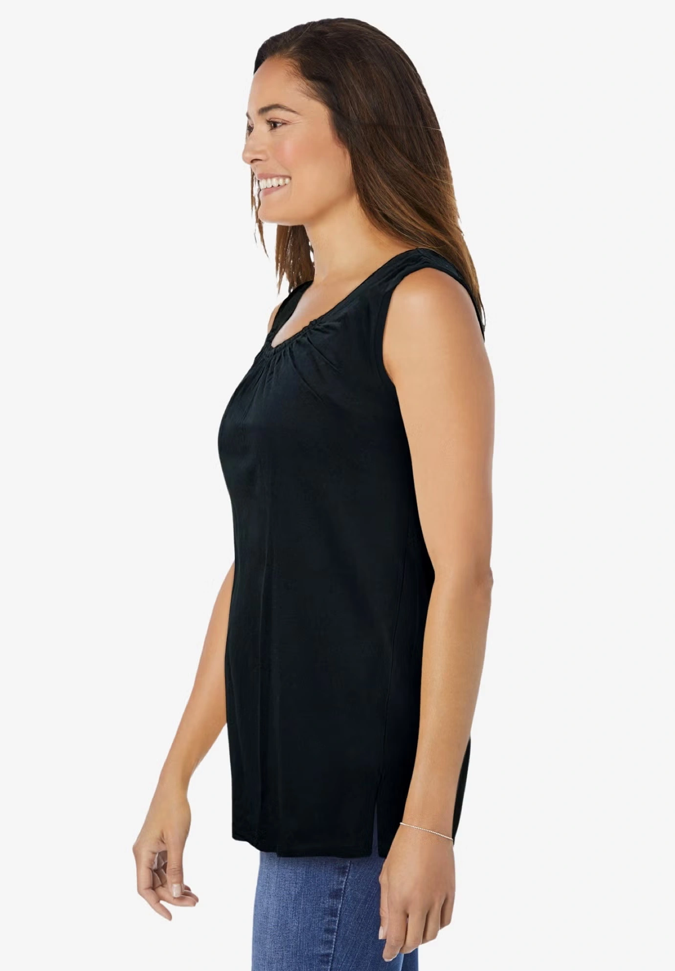 Perfect Sleeveless Shirred U-Neck Tunic