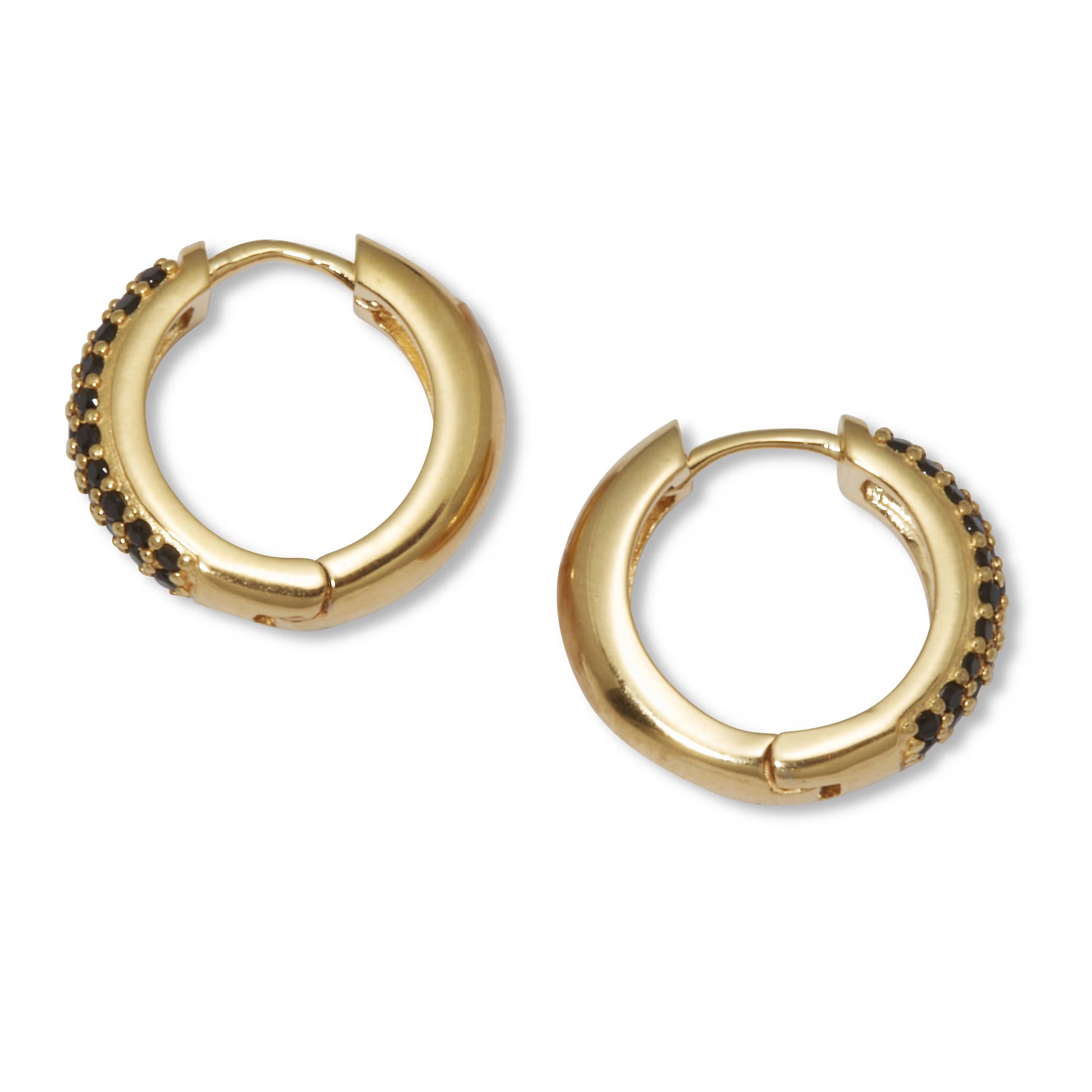 Genuine Black Spinel Yellow Gold-Plated Sterling Silver Huggie Hoop Earrings