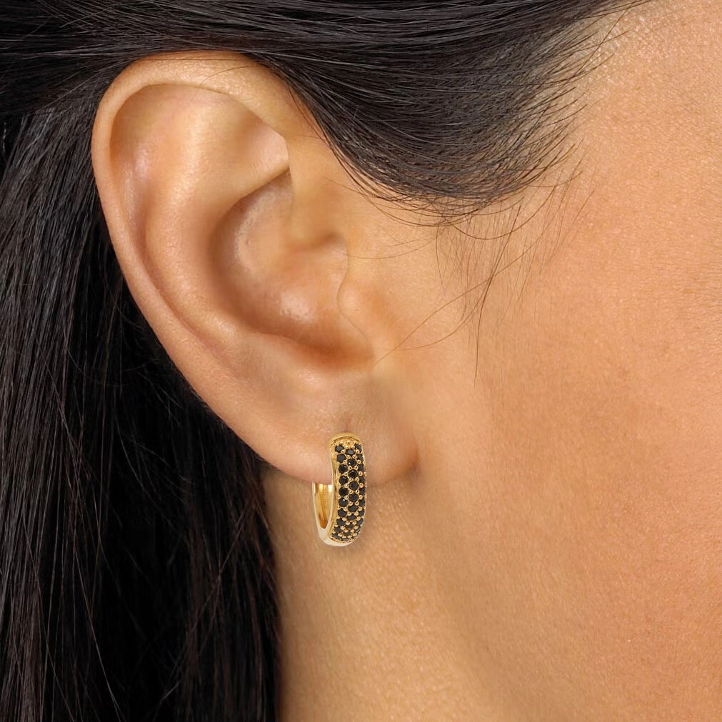 Genuine Black Spinel Yellow Gold-Plated Sterling Silver Huggie Hoop Earrings 3 Genuine Black Spinel Yellow Gold-Plated Sterling Silver Huggie Hoop Earrings