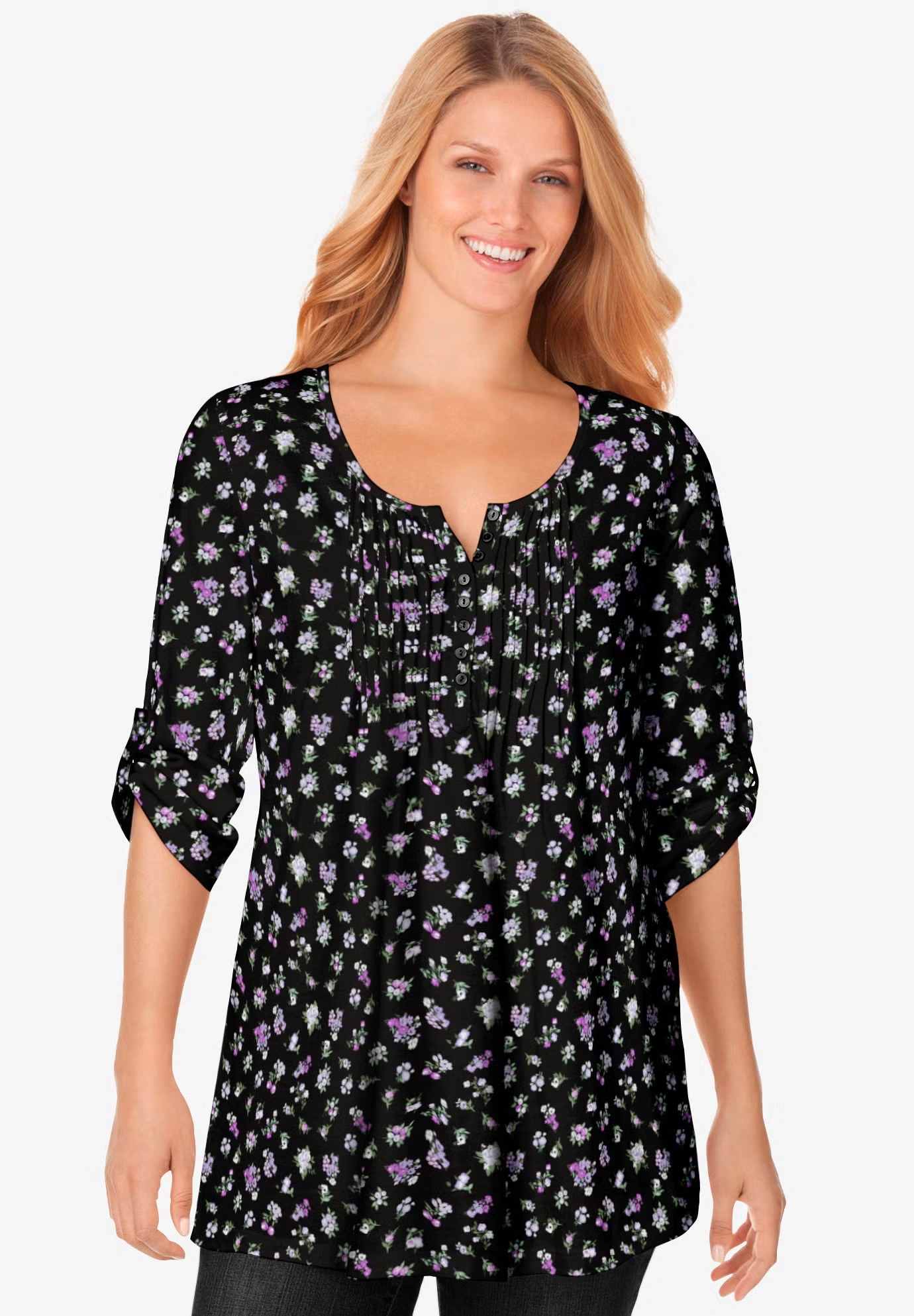 7-Day Three-Quarter Sleeve Pintucked Henley Tunic