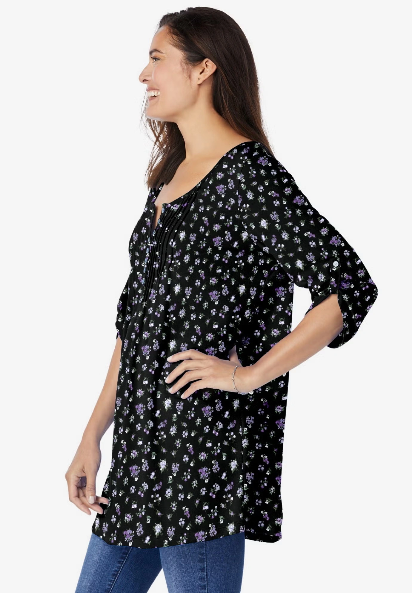 7-Day Three-Quarter Sleeve Pintucked Henley Tunic 4 7-Day Three-Quarter Sleeve Pintucked Henley Tunic