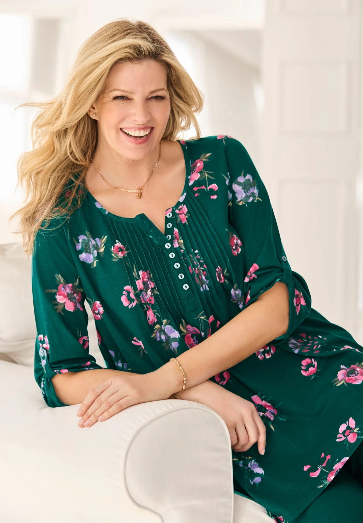 7-Day Three-Quarter Sleeve Pintucked Henley Tunic 7 7-Day Three-Quarter Sleeve Pintucked Henley Tunic