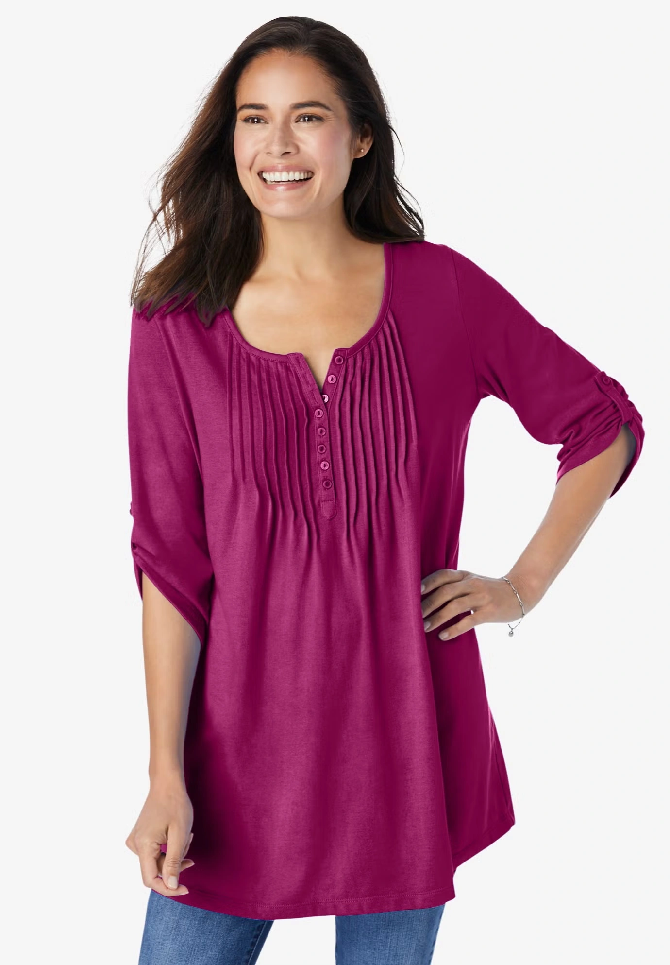 7-Day Three-Quarter Sleeve Pintucked Henley Tunic 8 7-Day Three-Quarter Sleeve Pintucked Henley Tunic