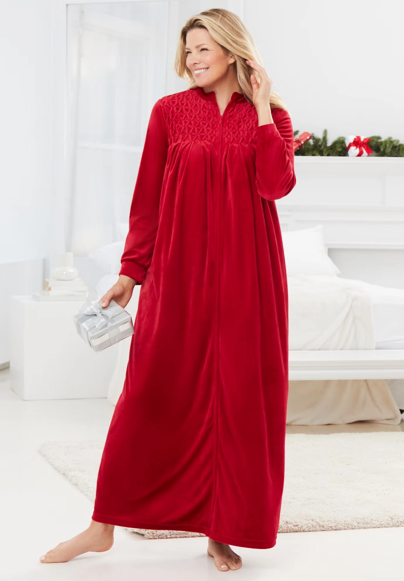 Smocked Velour Long Robe